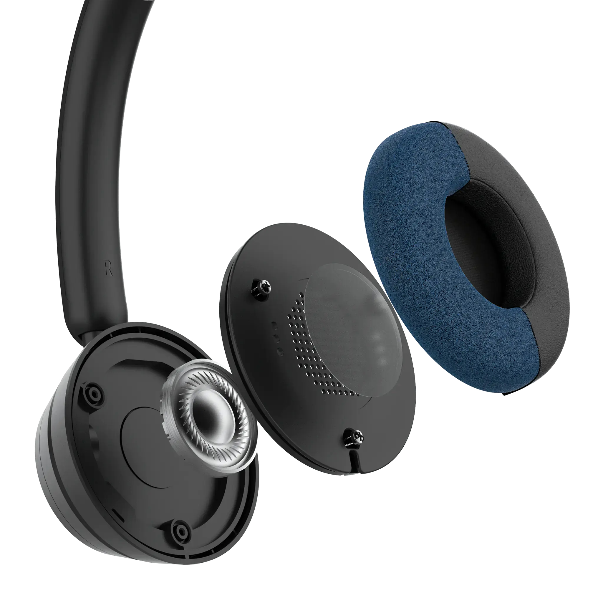 Auriculares desmontados, mostrando componentes: altavoz, cojín y carcasa.