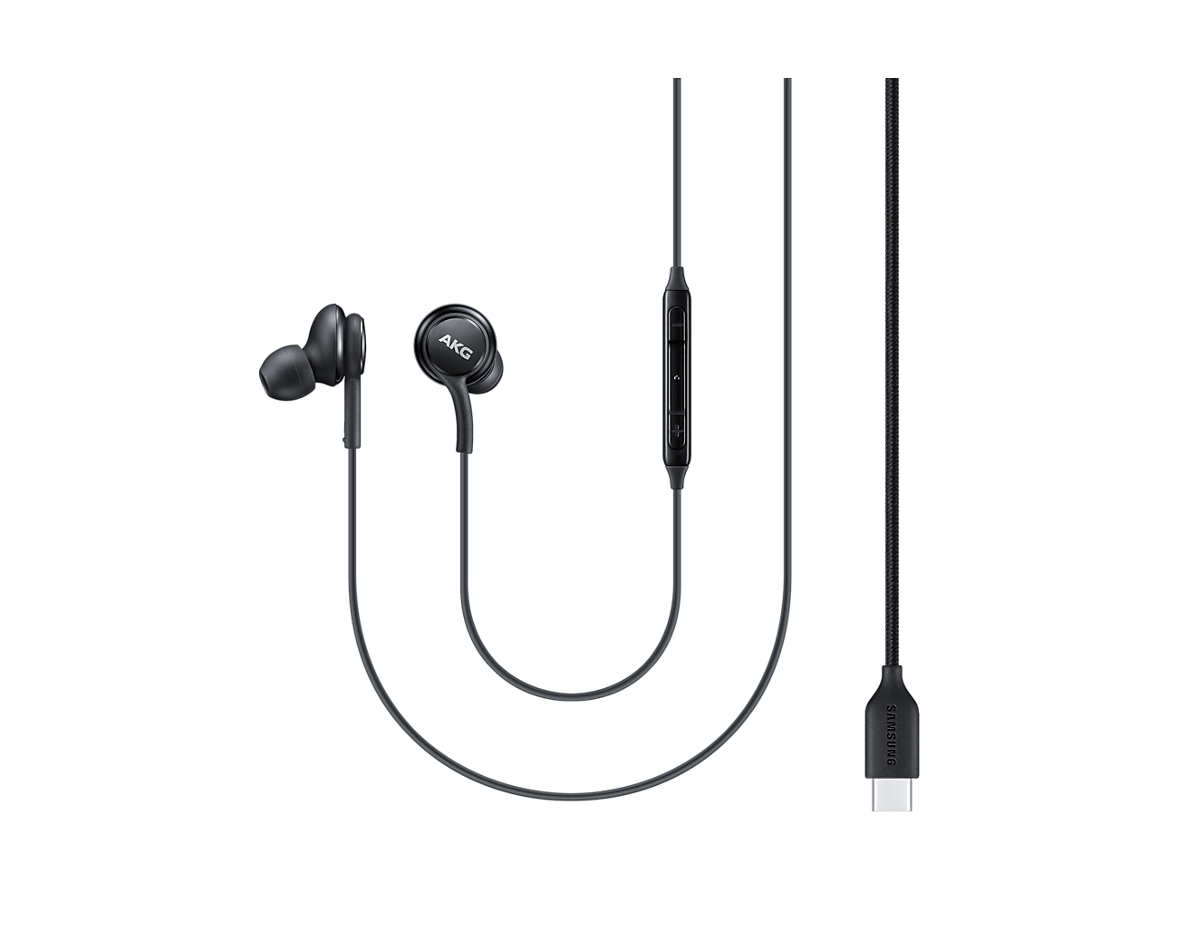 Écouteurs AKG noirs avec câble et connecteur USB-C. Fond blanc.