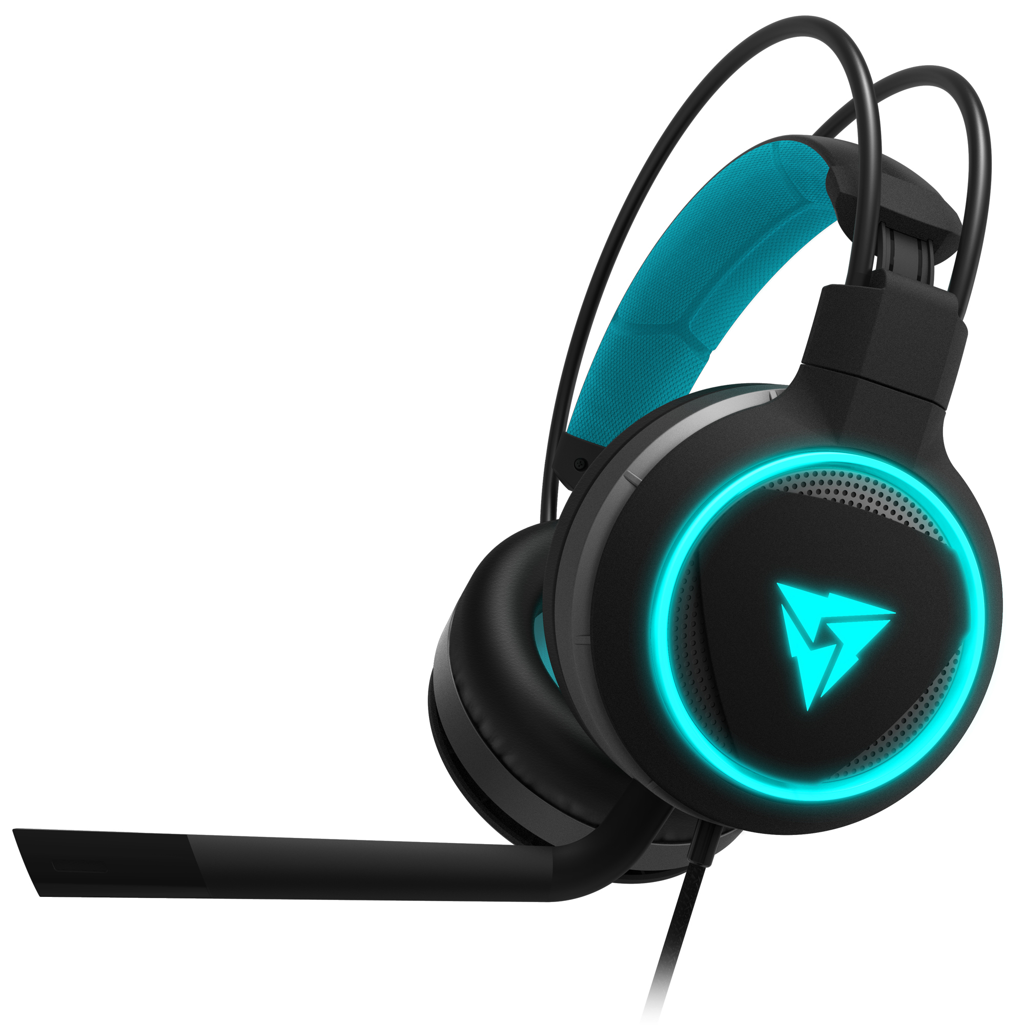 Cuffie da gioco nere con dettagli blu e un logo. Isolato su sfondo bianco, ha un microfono.