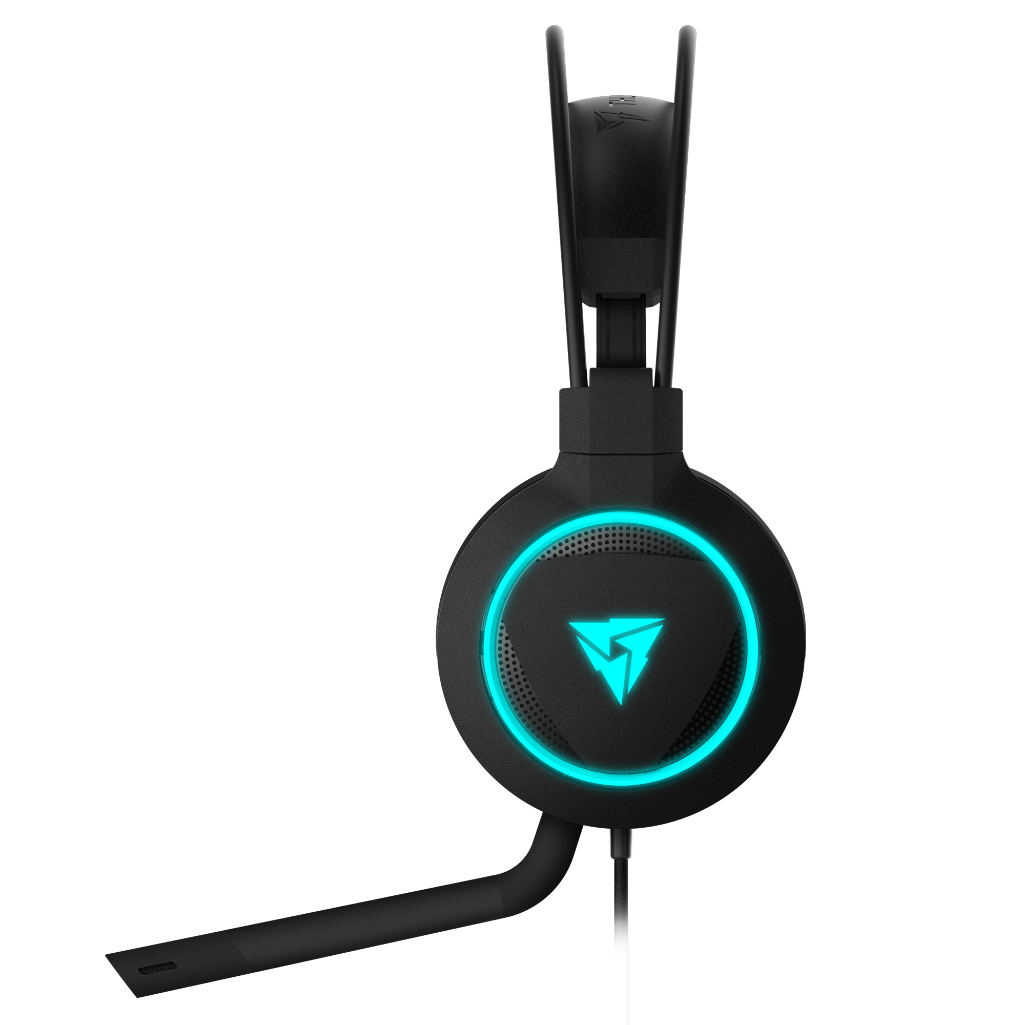 Cuffie nere con microfono e logo illuminato di blu.