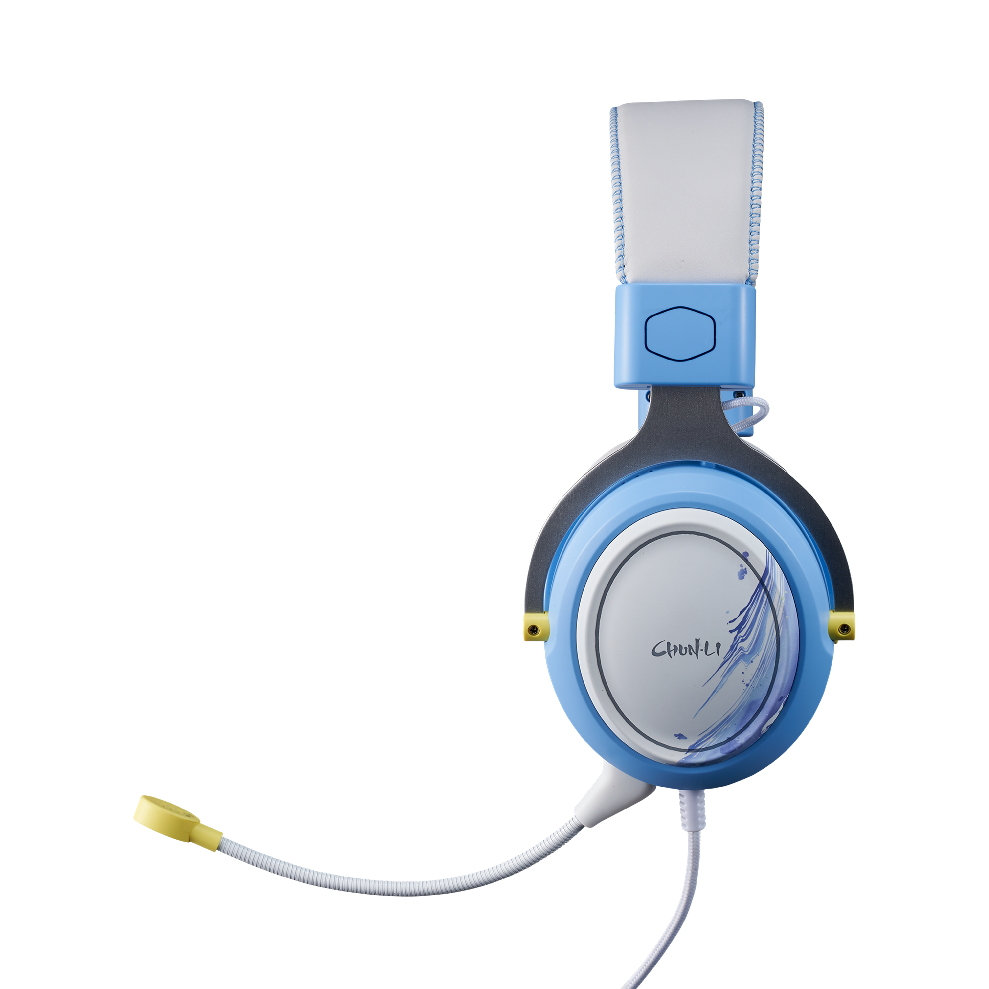 Cuffie blu e bianche con microfono flessibile. Su sfondo bianco. Le cuffie hanno un logo.