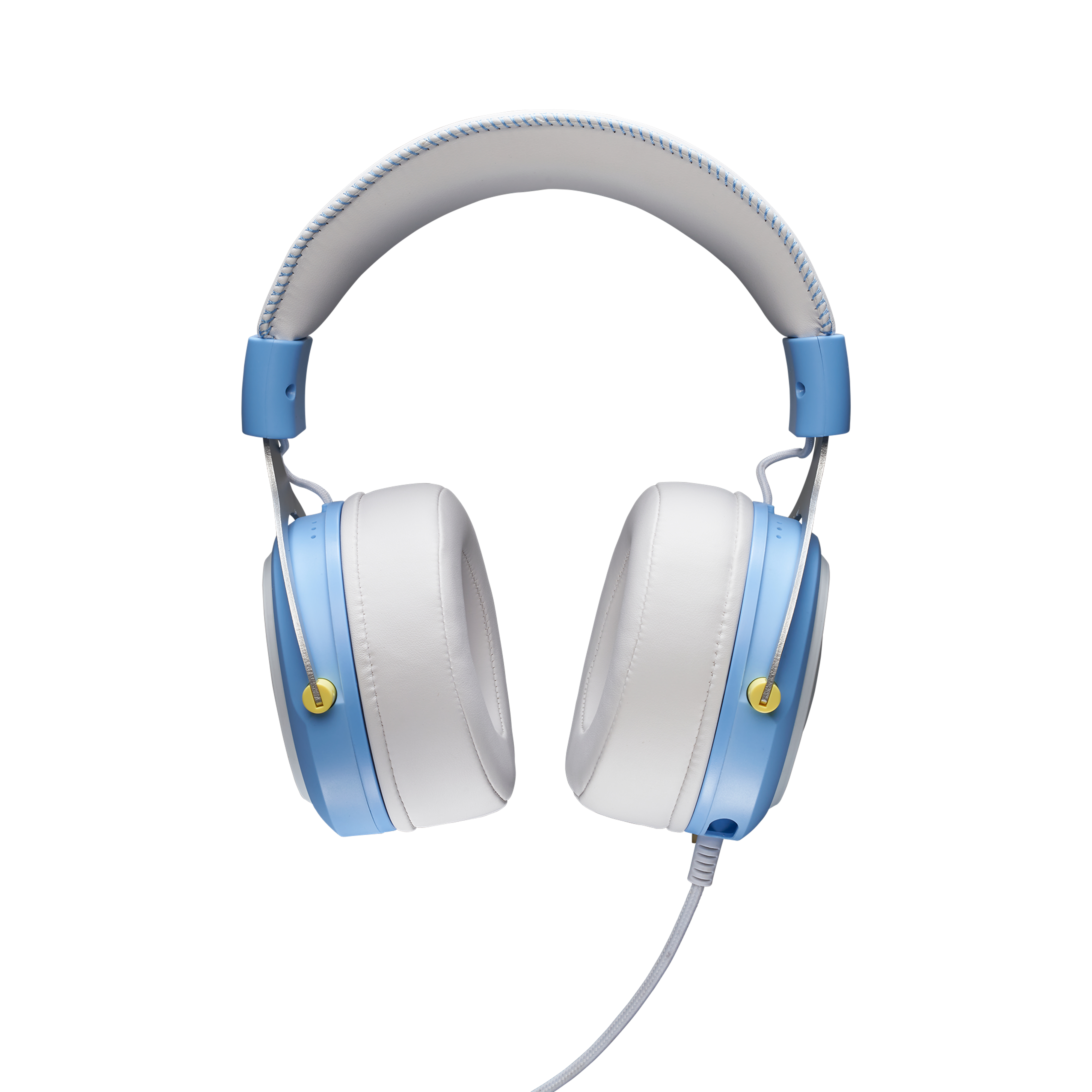 Cuffie bianche e azzurro chiaro, con microfono giallo. Sfondo bianco. Design moderno con estetica elegante.