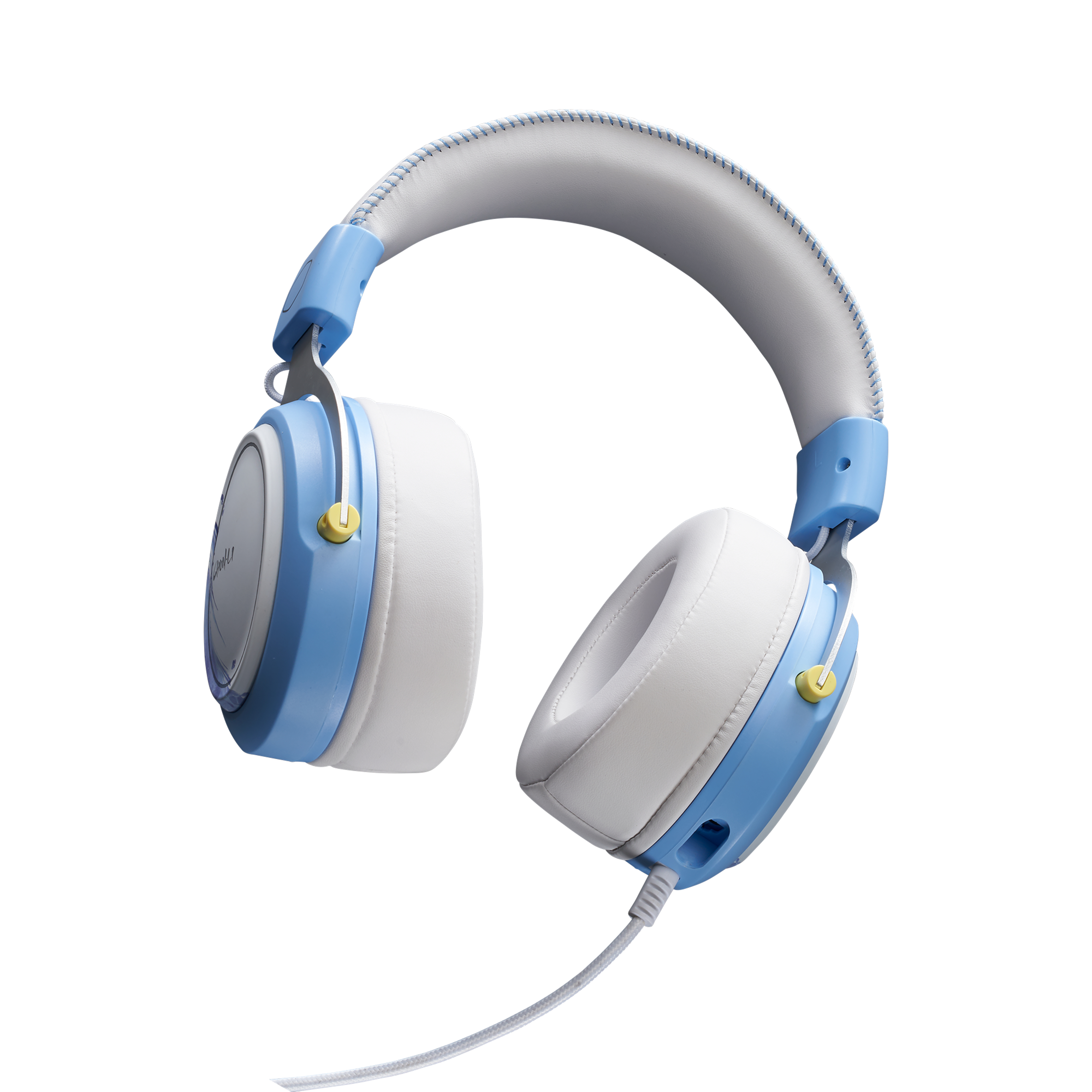 Cuffie blu e bianche. Hanno una fascia blu chiaro e padiglioni bianchi, con cavo.
