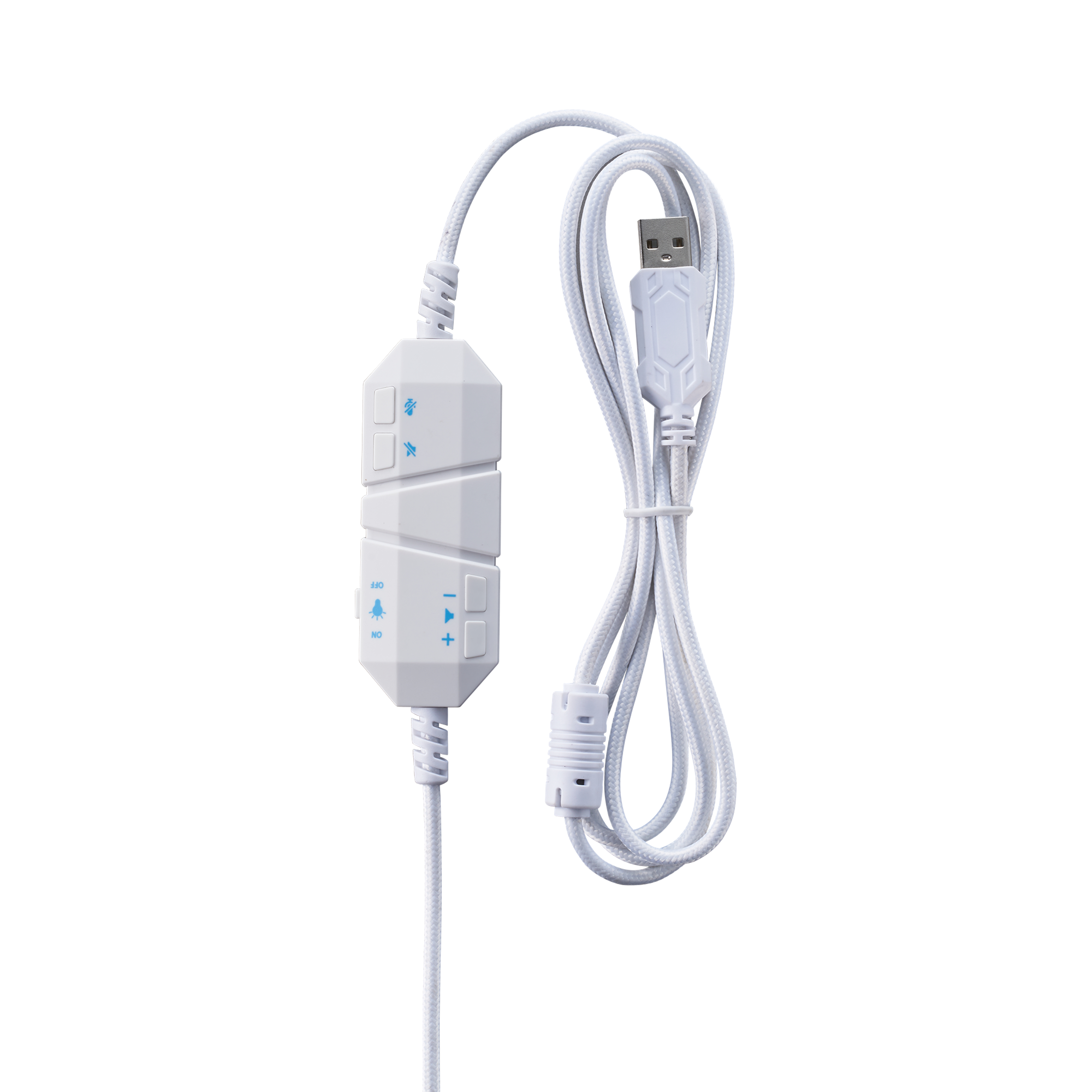 Cavo controller audio USB bianco, con pulsanti muto e volume. Sfondo bianco.