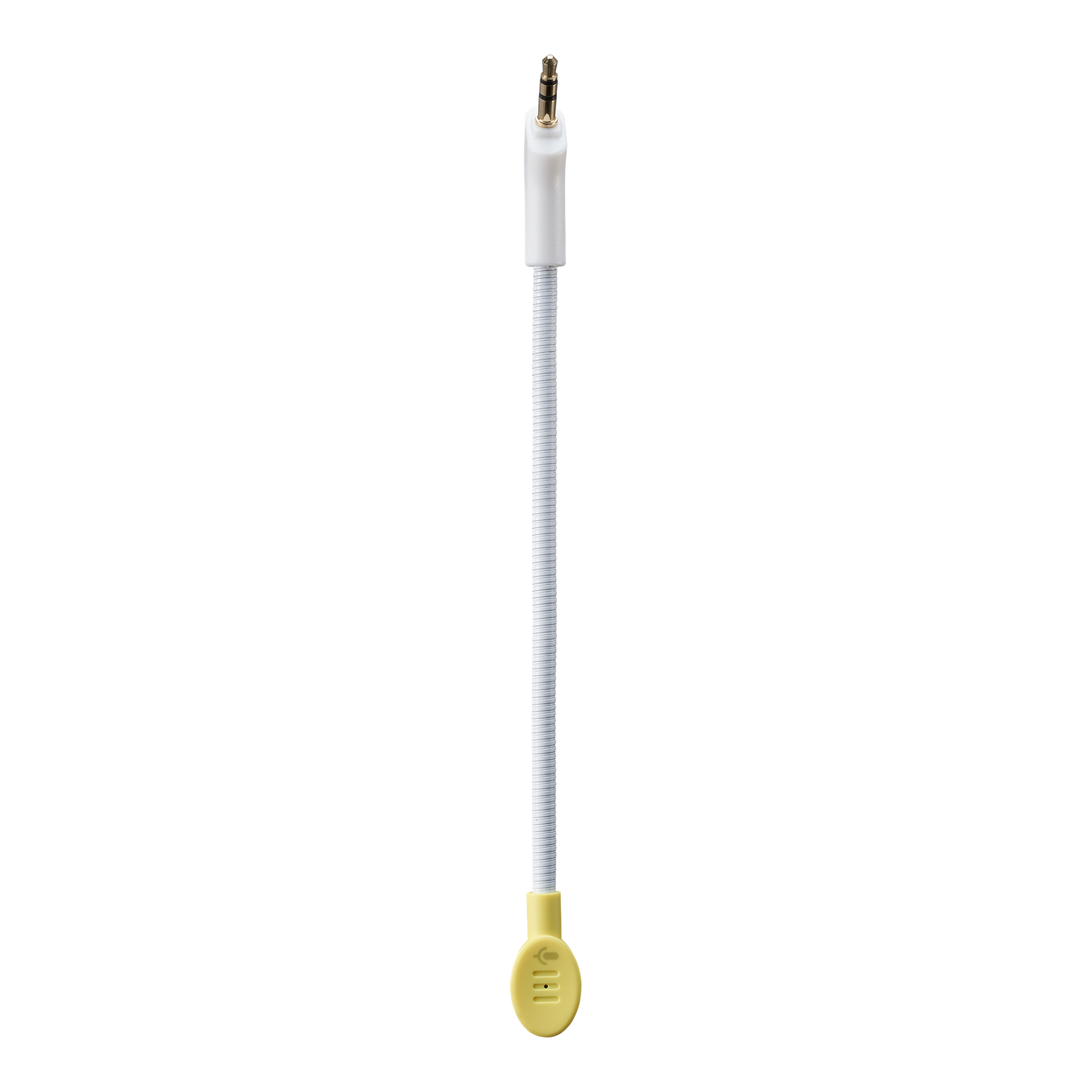 Cavo microfono bianco e flessibile con jack da 3,5 mm e parte inferiore gialla.