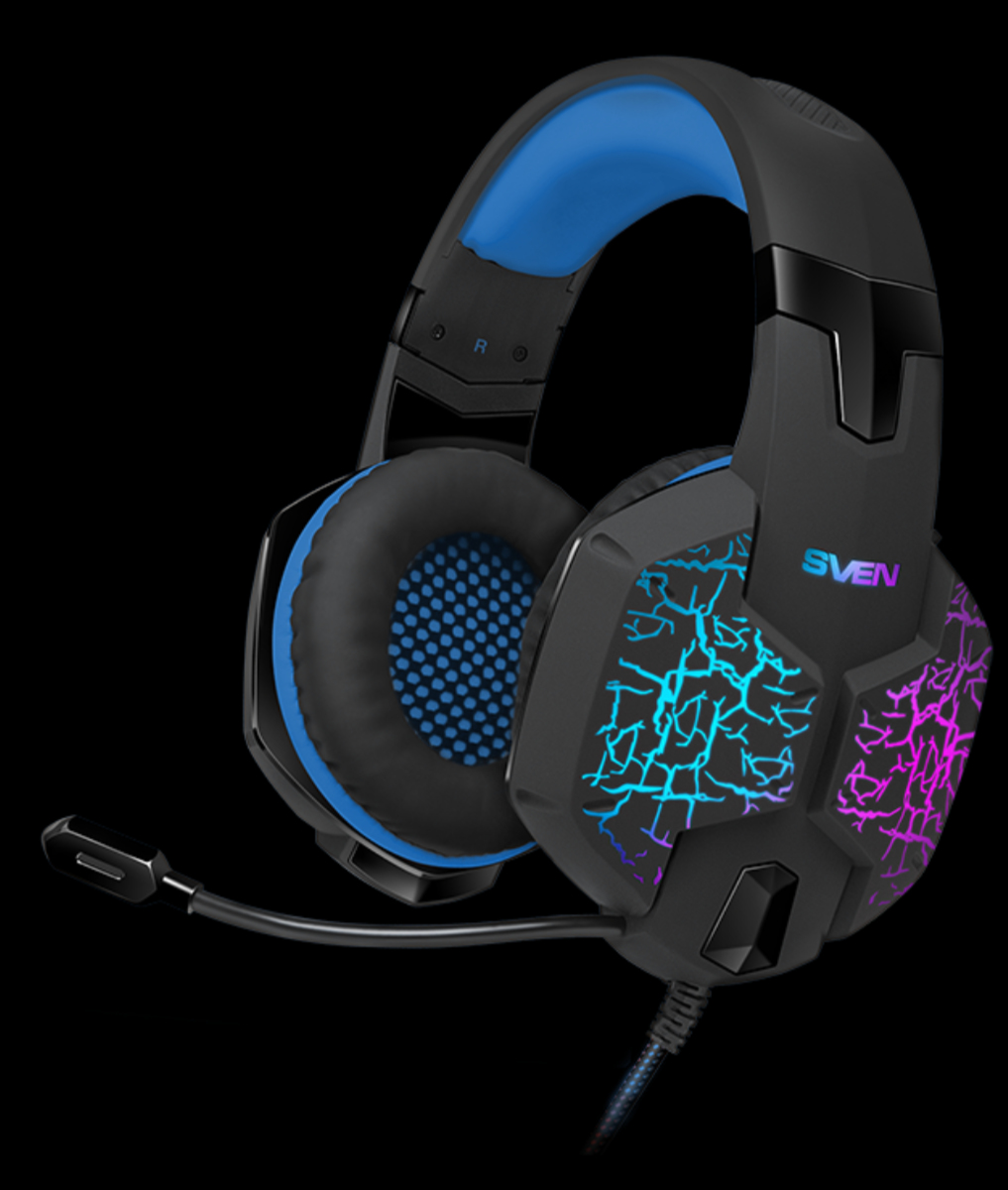 Cuffie da gioco nere con design illuminato blu e viola sui padiglioni e fascia blu su sfondo nero.