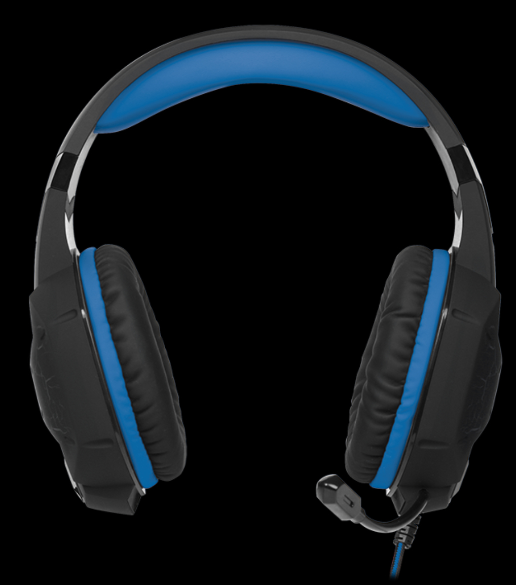 Cuffie da gioco nere con dettagli blu e microfono. Sfondo nero.