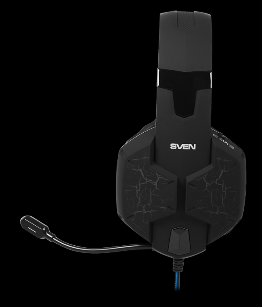 Cuffie da gioco SVEN nere con microfono su sfondo nero.