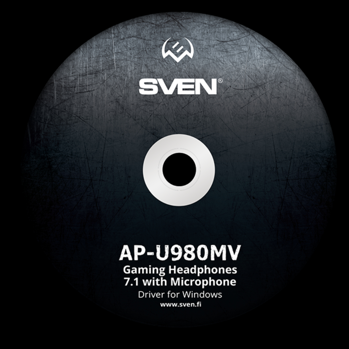 CD-ROM per cuffie da gioco SVEN AP-U980MV su sfondo nero.