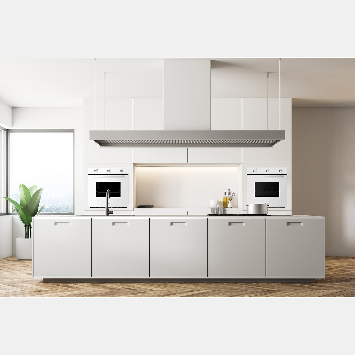 Cocina blanca moderna con isla, dos hornos y ventana grande con planta en maceta.