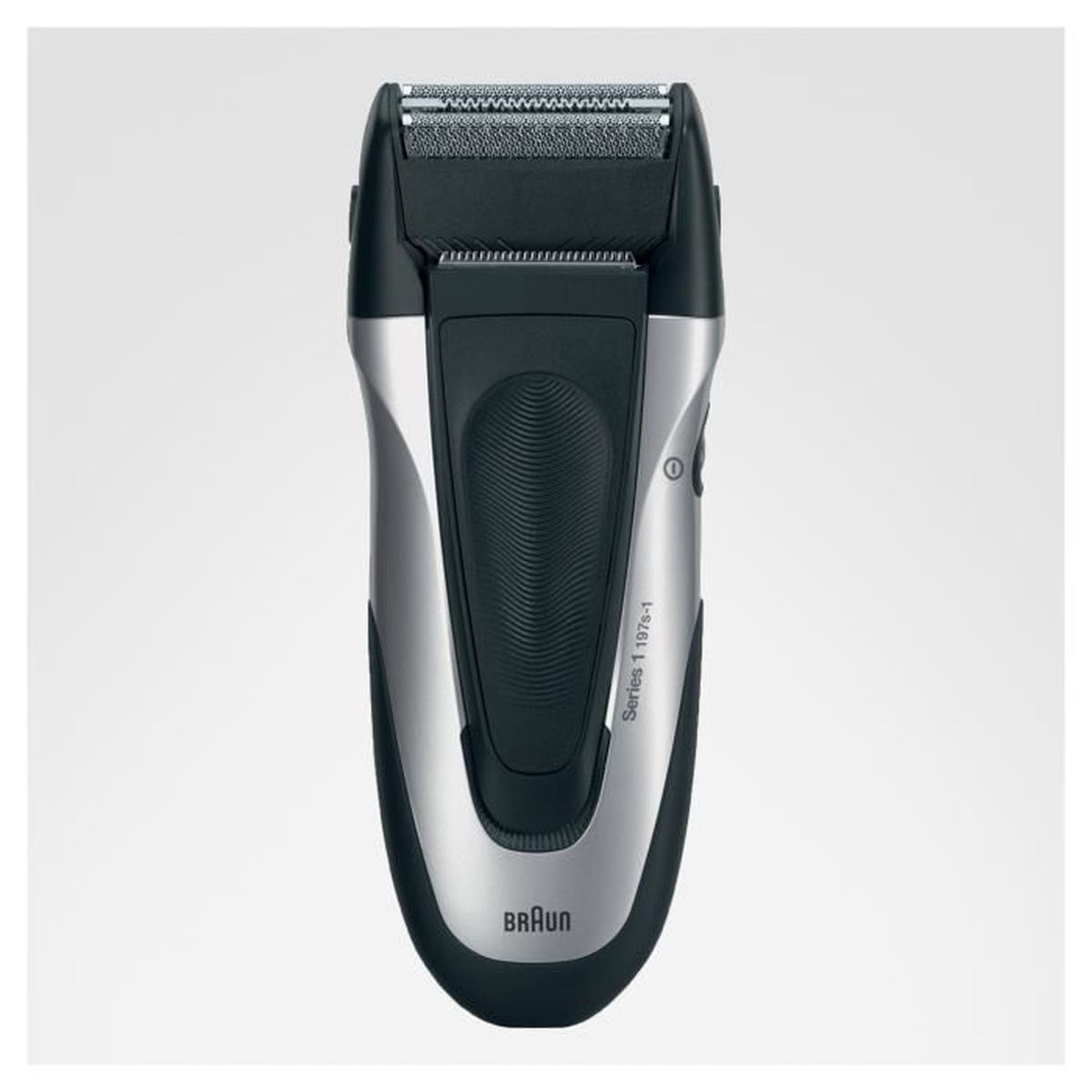 Czarna i srebrna golarka elektryczna na białym tle. Logo marki Braun.