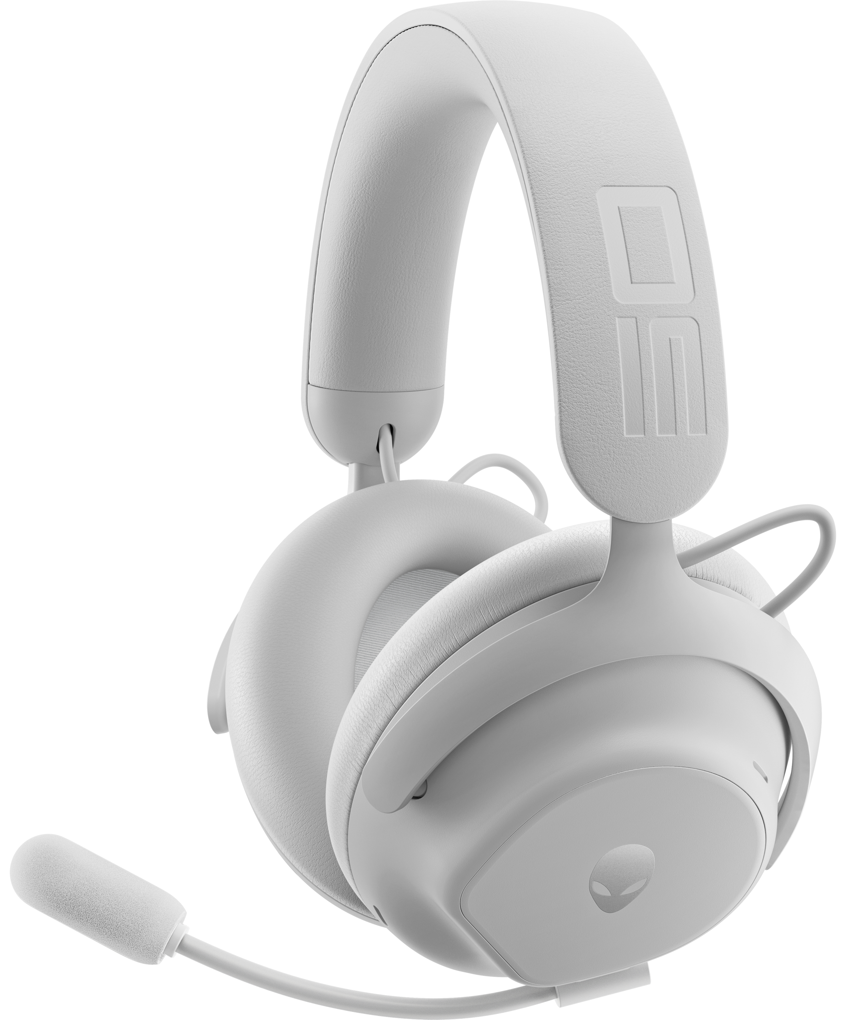 Weißes Headset mit Mikrofon. Das Headset hat ein Logo. Der Hintergrund ist weiß.