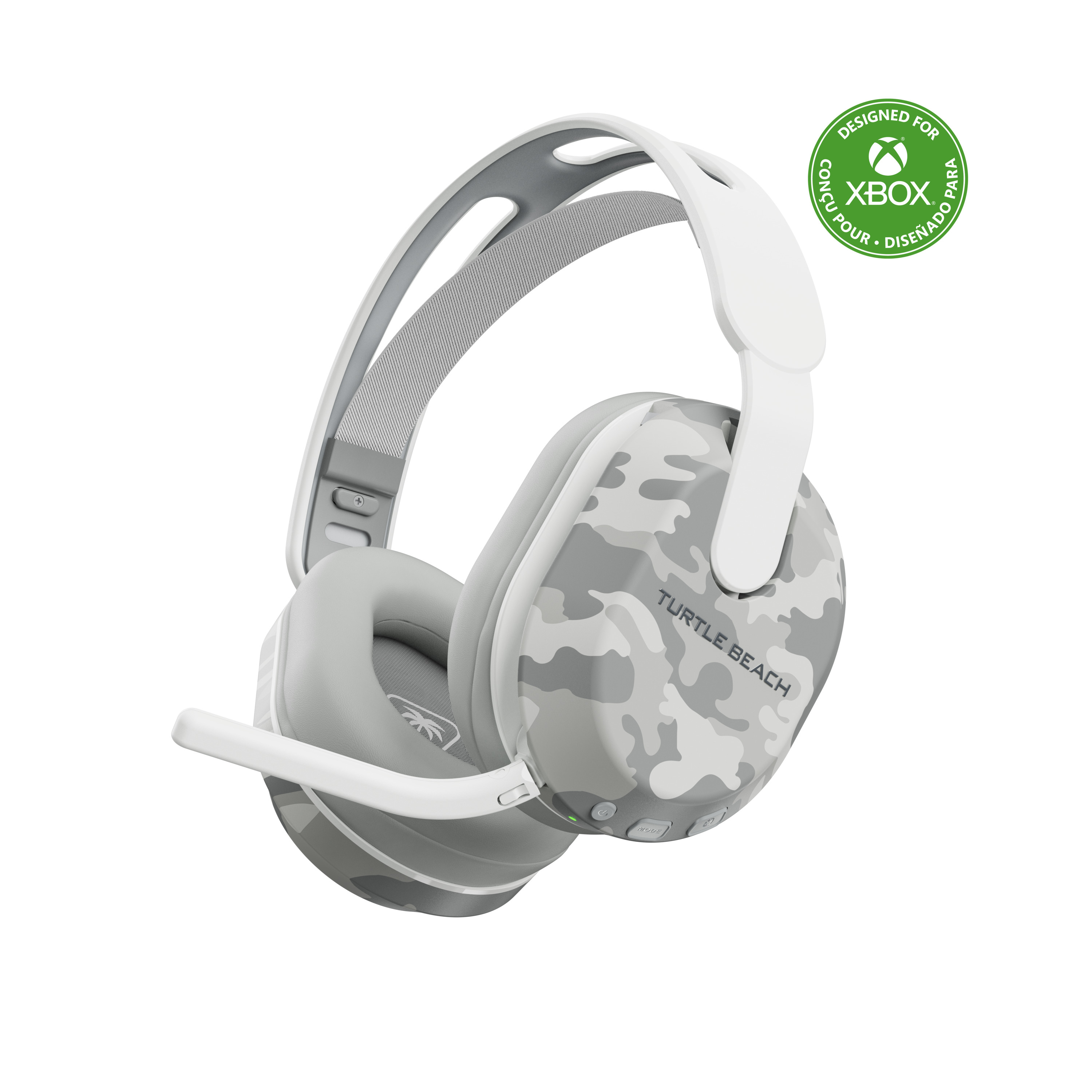 Weißes und graues Gaming-Headset mit Tarnmuster und weißem Mikrofon, entworfen für Xbox.