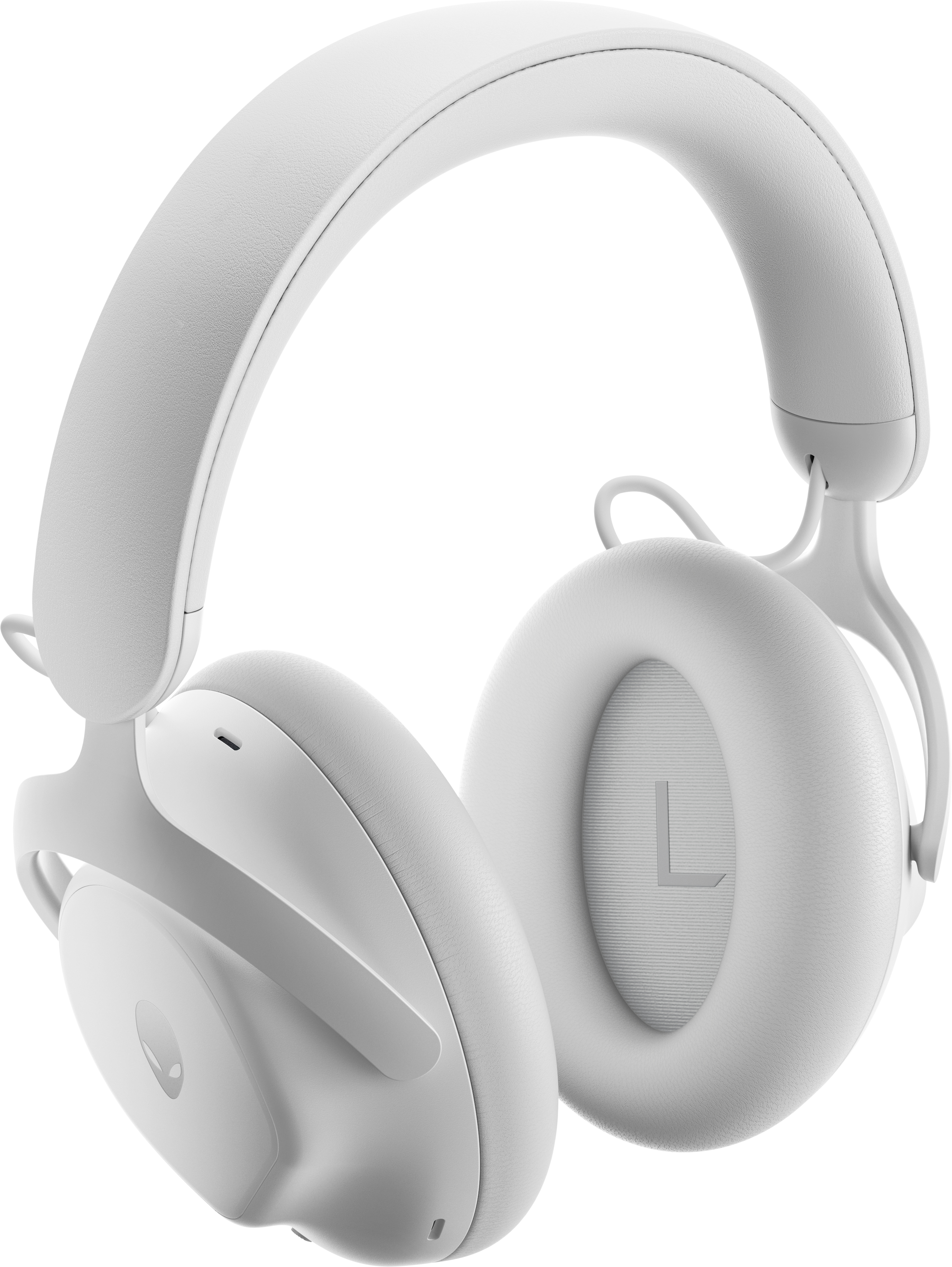 Weißes Gaming-Headset. Mit weißem Bügel und Ohrmuscheln mit großem 'L' links.