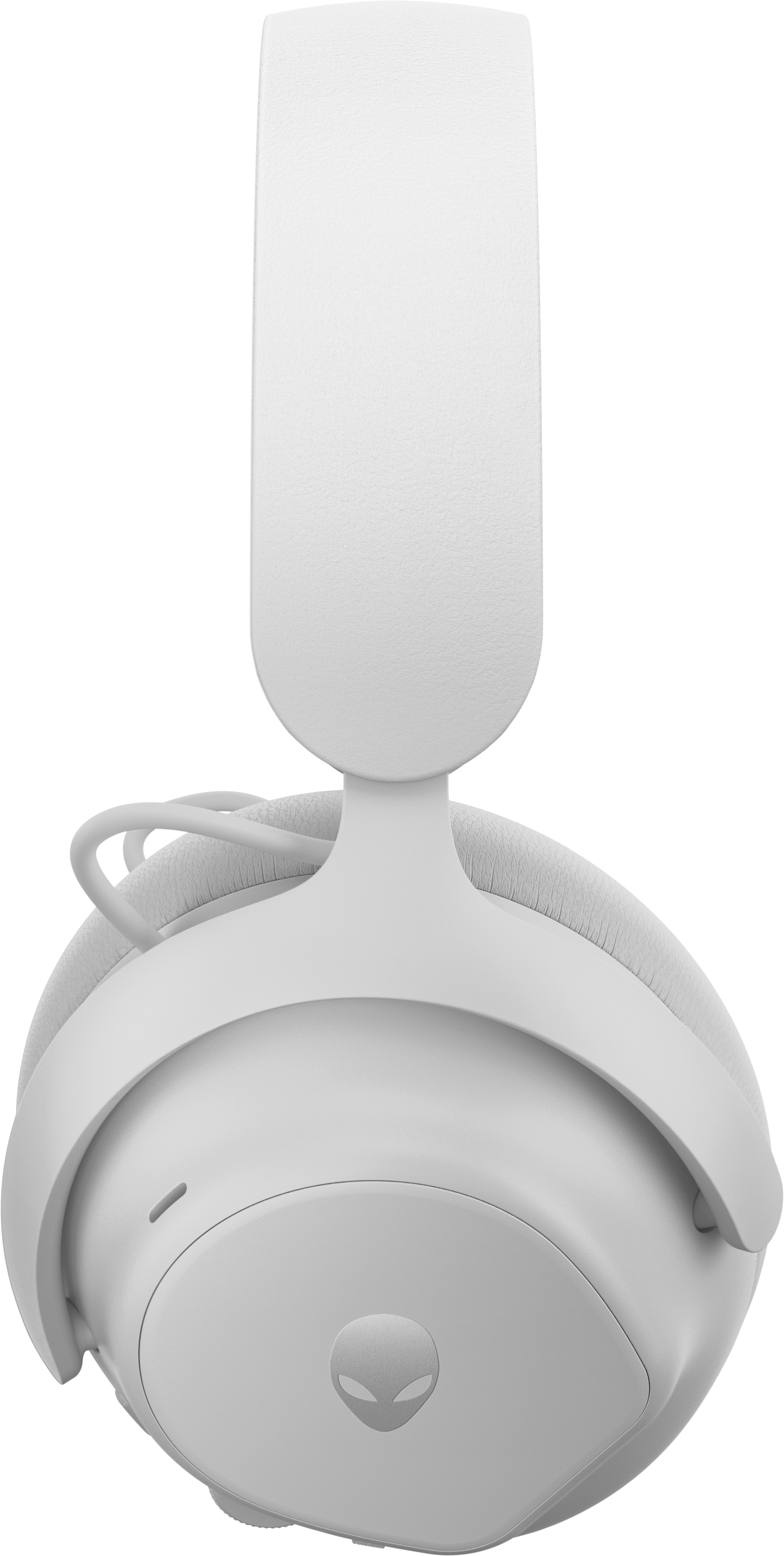 Weiße Alienware-Kopfhörer. Einfaches Design mit Logo auf der Ohrmuschel. Isoliert auf Weiß.