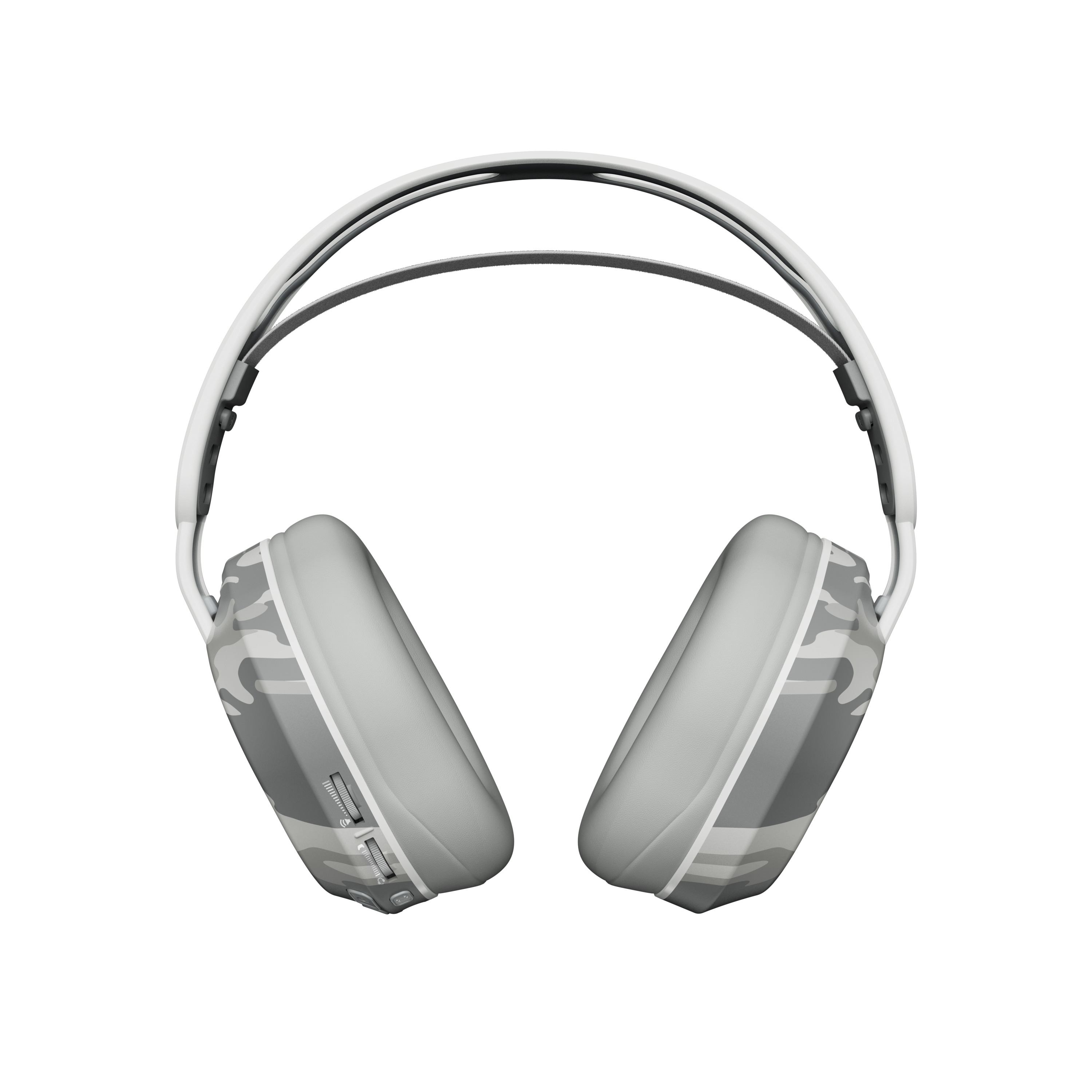 Weißes und graues Headset mit Tarnmuster auf den Ohrmuscheln, weißer Hintergrund.