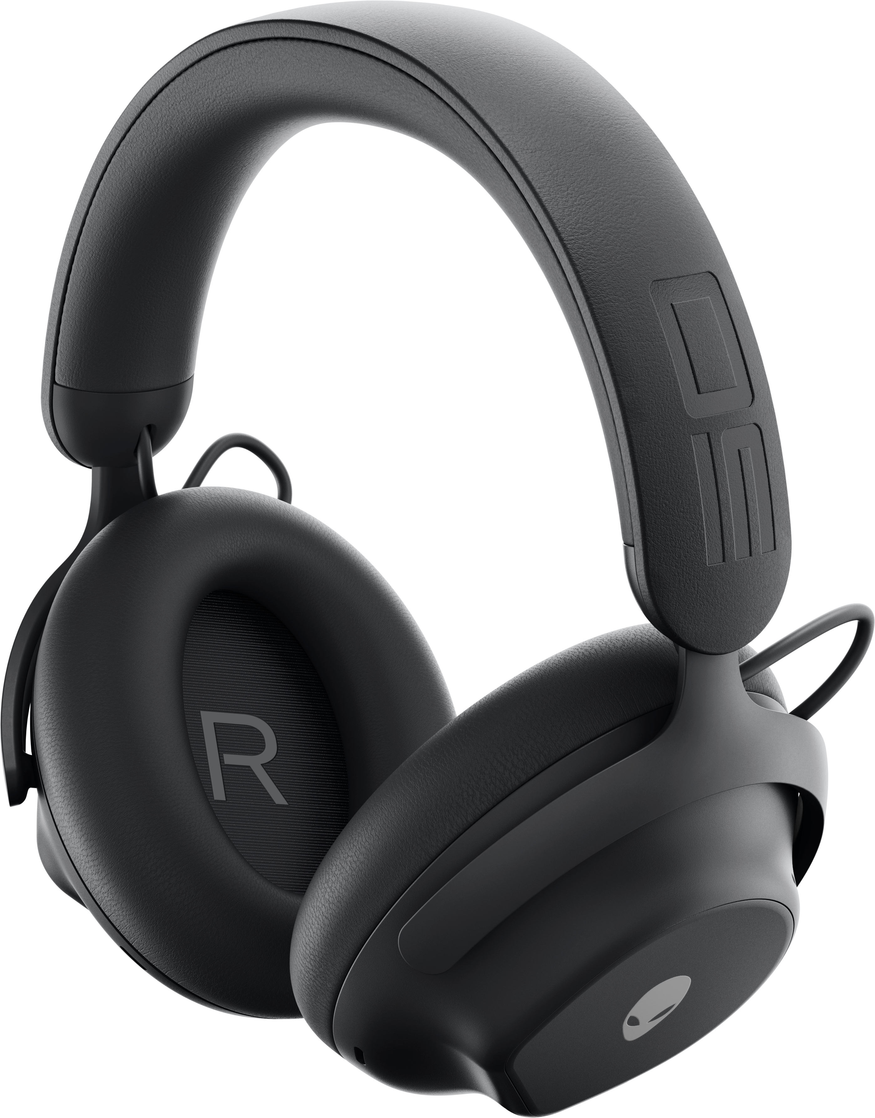 Cuffie nere over-ear con la lettera 'R'. Sfondo bianco. Logo Alienware.