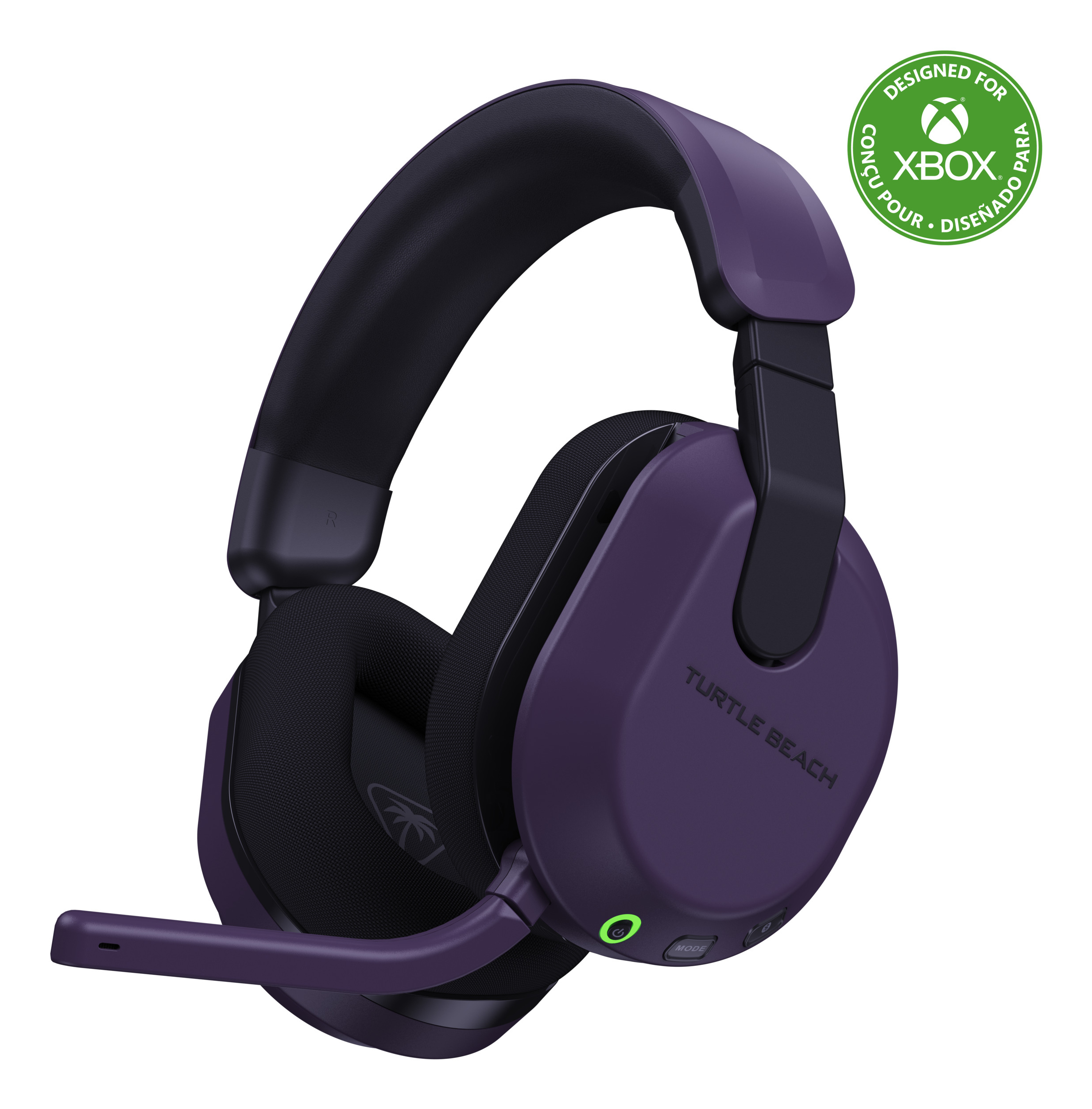 Lila Turtle Beach Headset, Mikrofon und Xbox-Logo. Schwarze Ohrpolster und Kopfbügel.