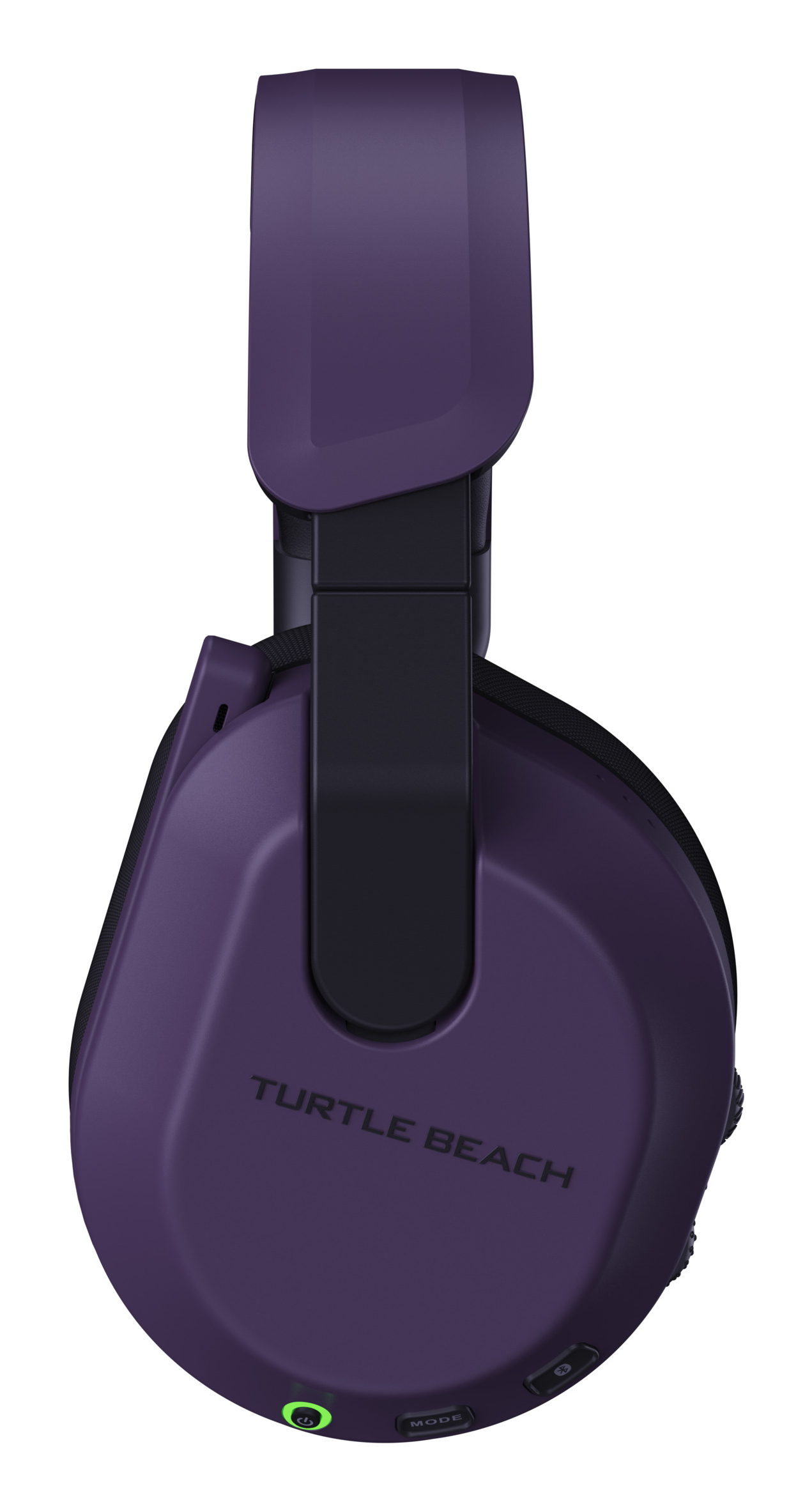 Lila Headset. Turtle Beach Logo. Seitenansicht. Grünes Licht. Weißer Hintergrund.
