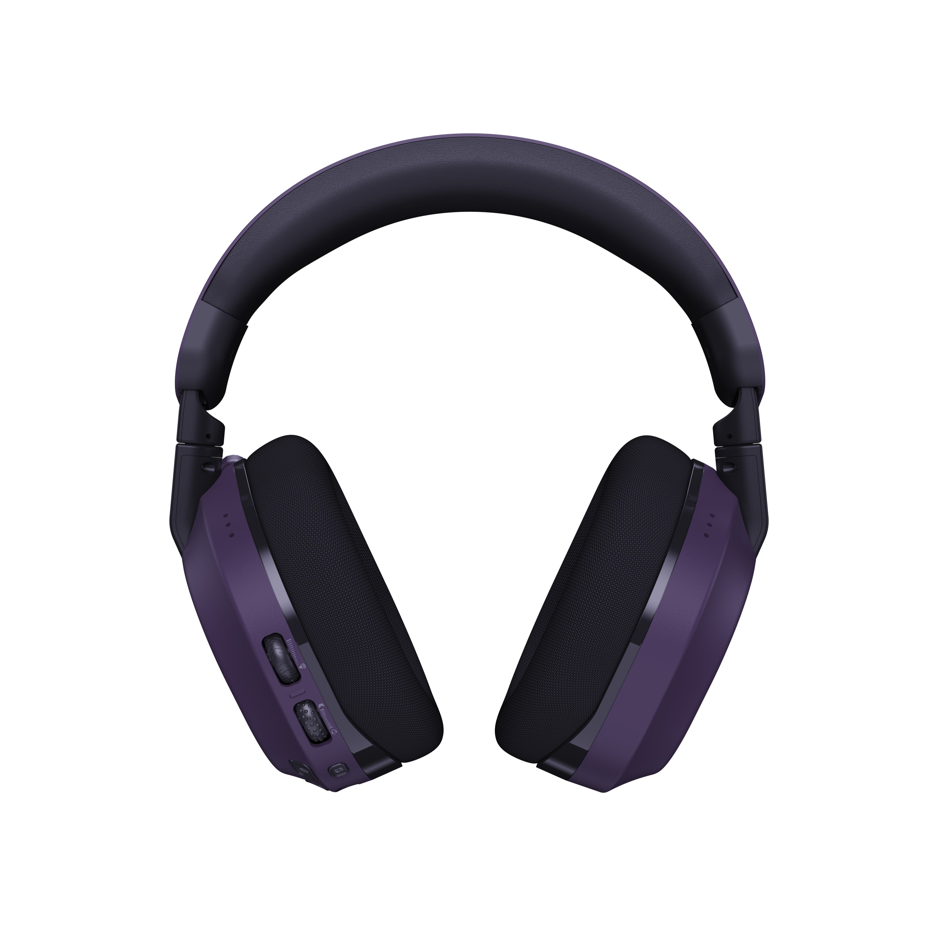 Lila Headset mit schwarzen Akzenten. Schwarze Ohrpolster. Sichtbare Bedienelemente.