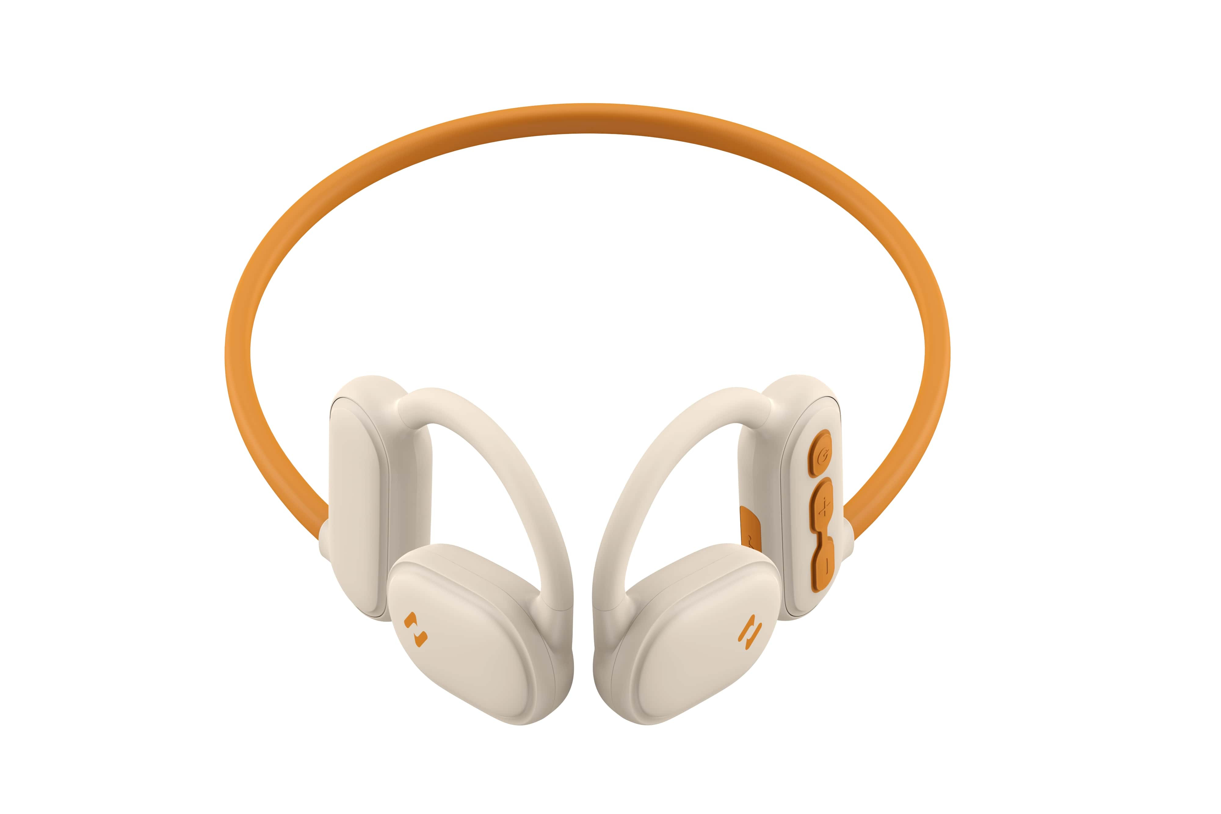 Słuchawki kostne w kolorze złamanej bieli i pomarańczowym. Białe tło.