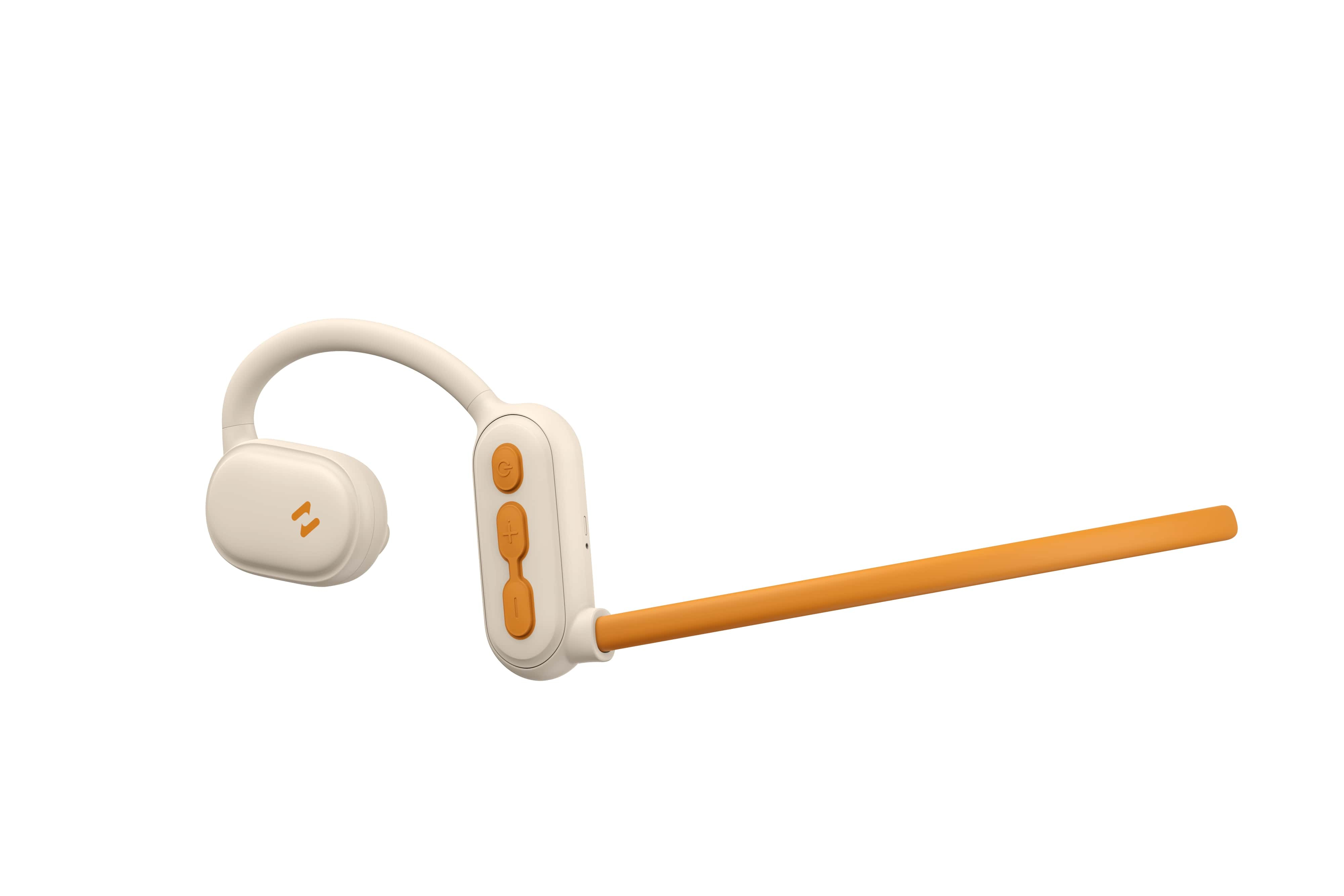 Słuchawki kostne w kolorze złamanej bieli i pomarańczowym. Białe tło.