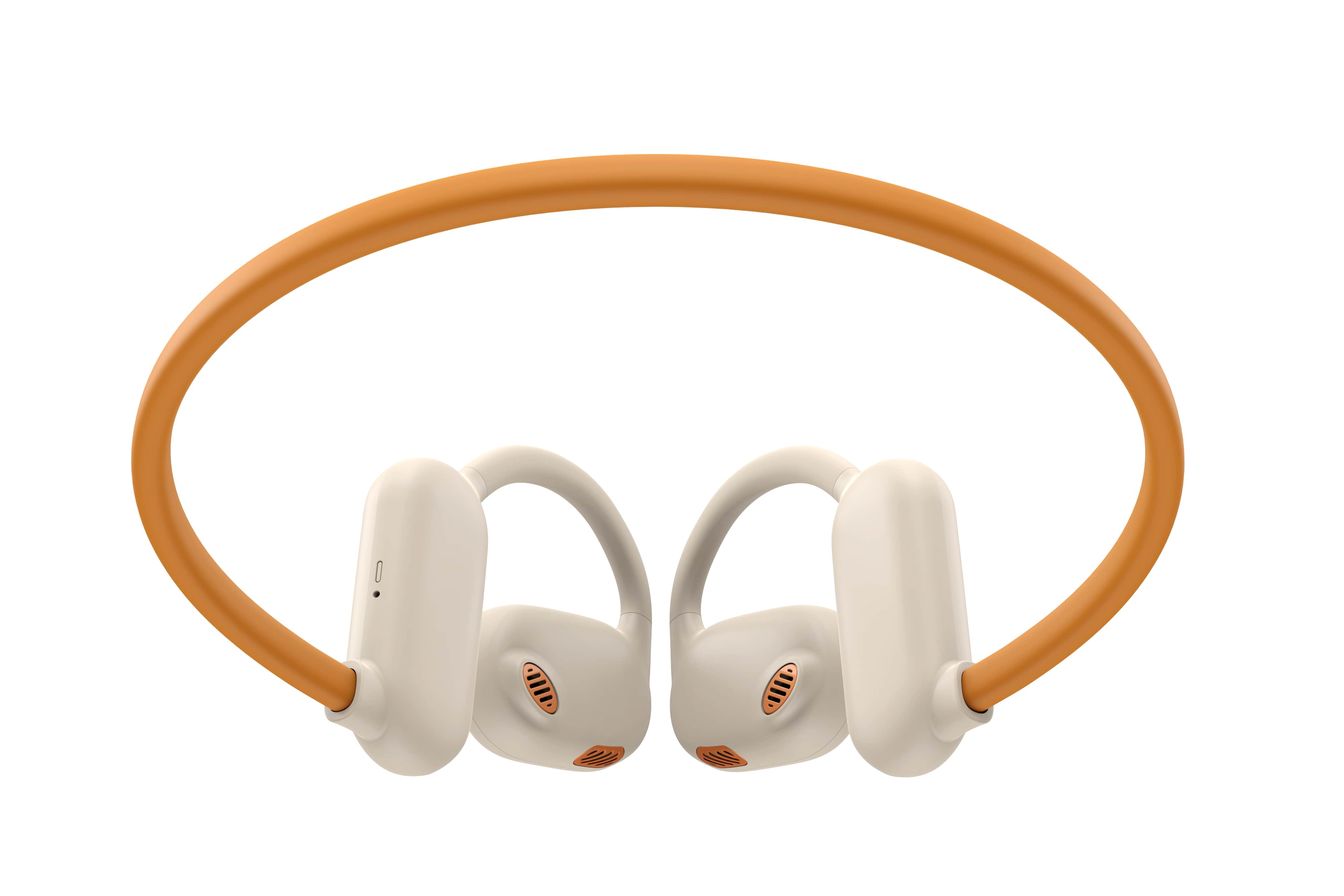 Słuchawki kostne, kremowe i pomarańczowe kolory. Białe tło.