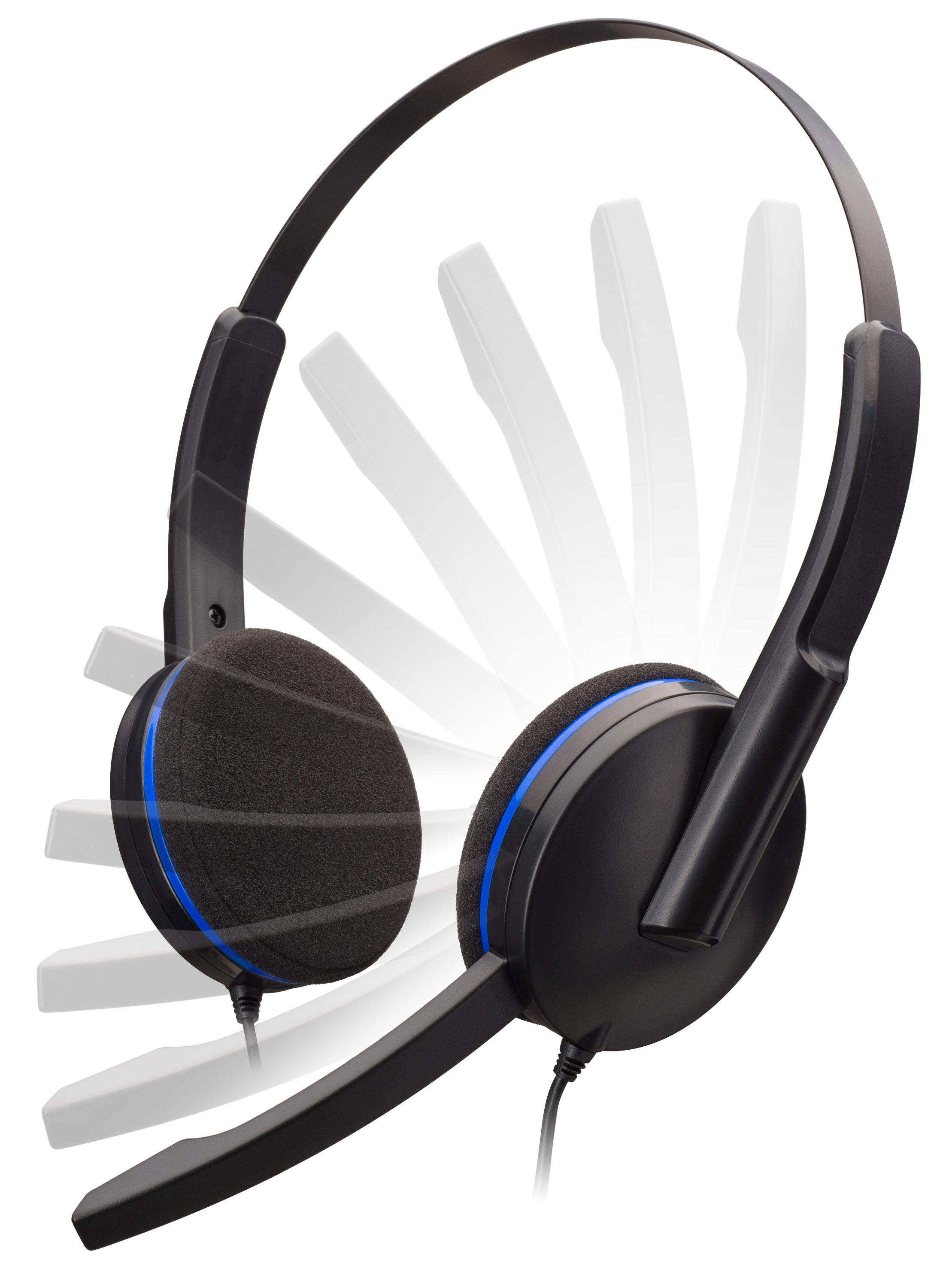 Cuffie nere con accenti blu. Sfondo bianco ed effetto movimento.