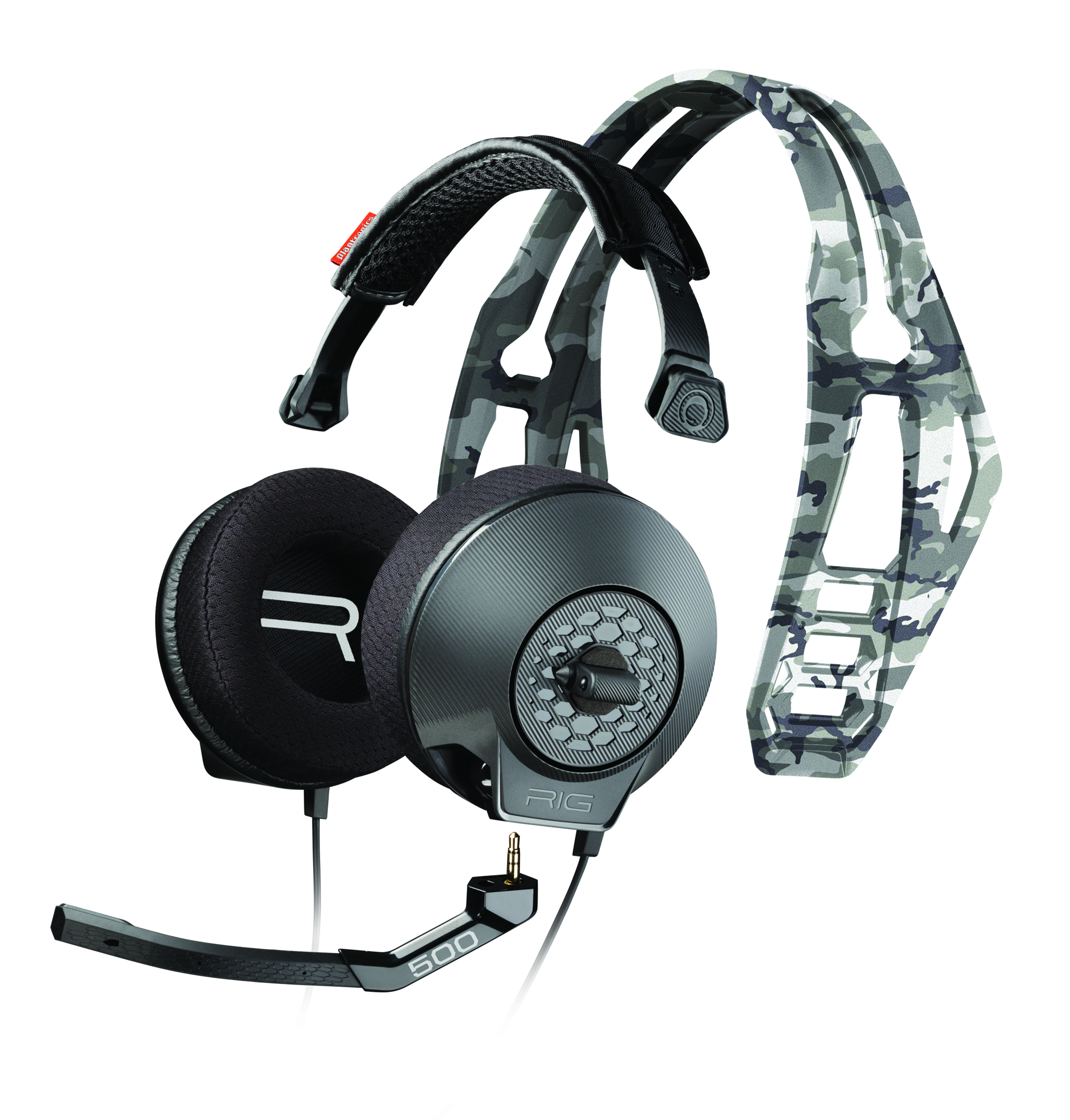 Zestaw słuchawkowy dla graczy z kamuflażem na pałąku i nausznicach, na białym tle.