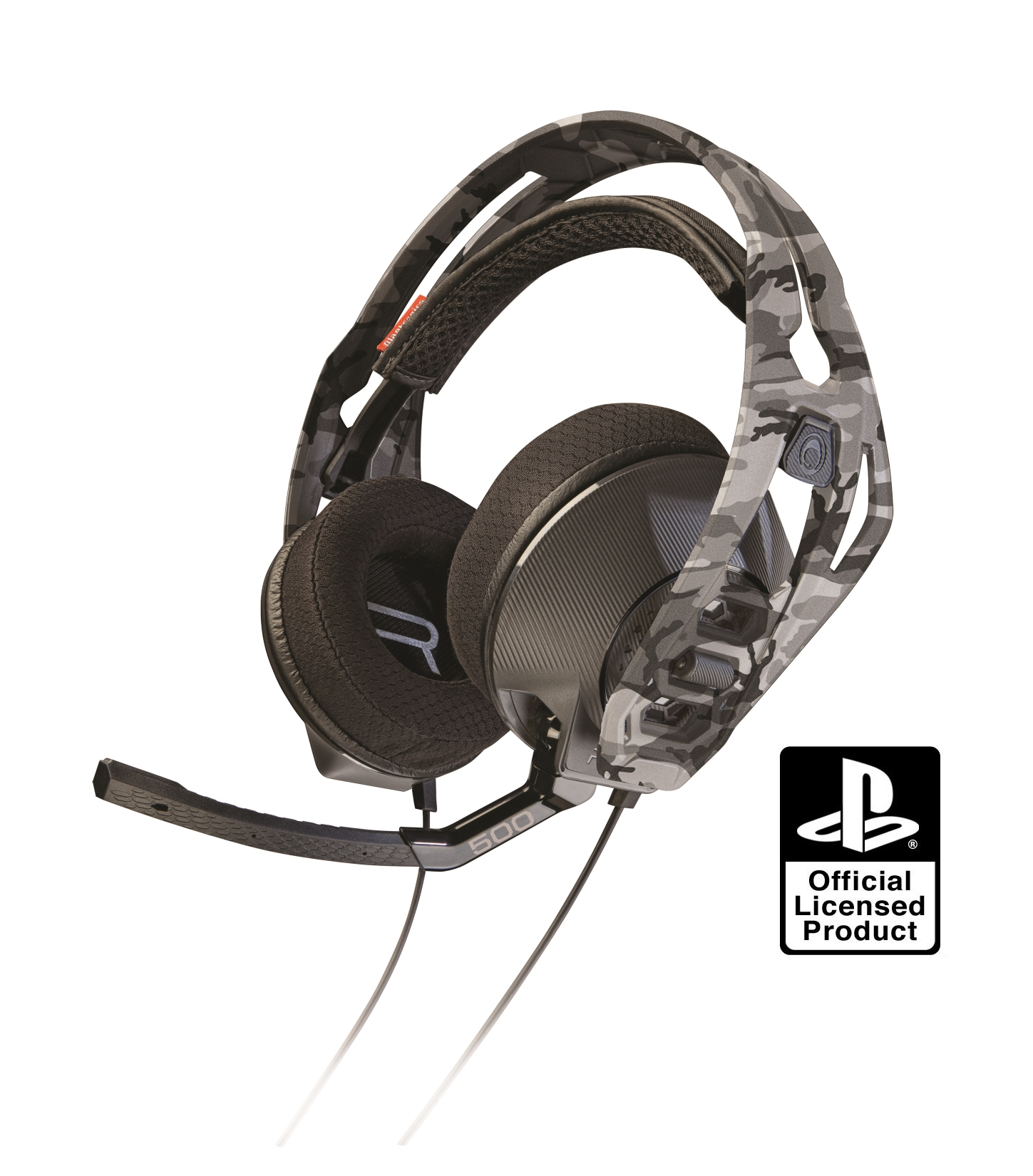 Zestaw słuchawkowy dla graczy z kamuflażem, mikrofonem i logo PlayStation. Białe tło.