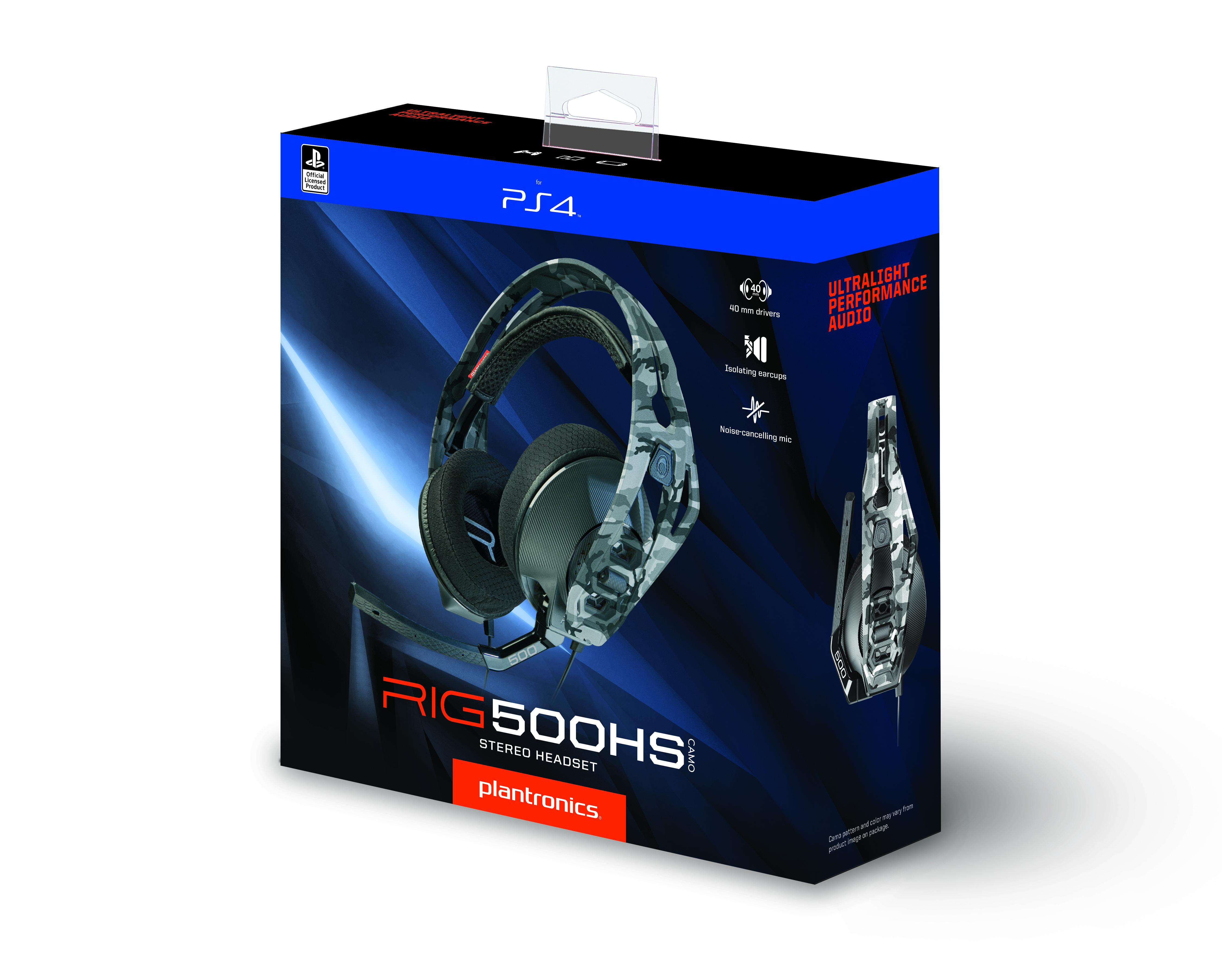 Pudełko z zestawem słuchawkowym stereo RIG500HS, wzór kamuflażu, dla PS4. Tekst i grafika obecne.