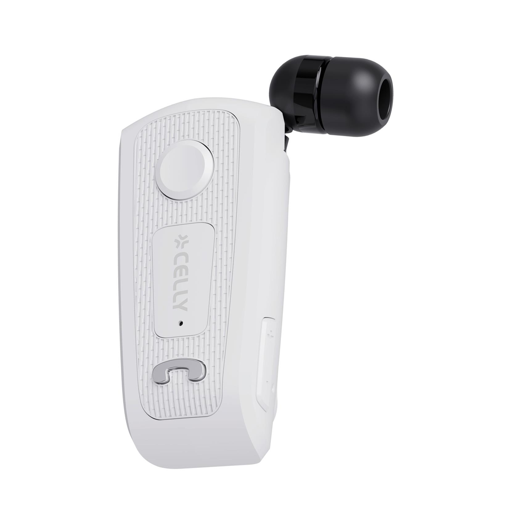 Auricolare bianco con un pulsante e un auricolare nero. È un prodotto Celly.