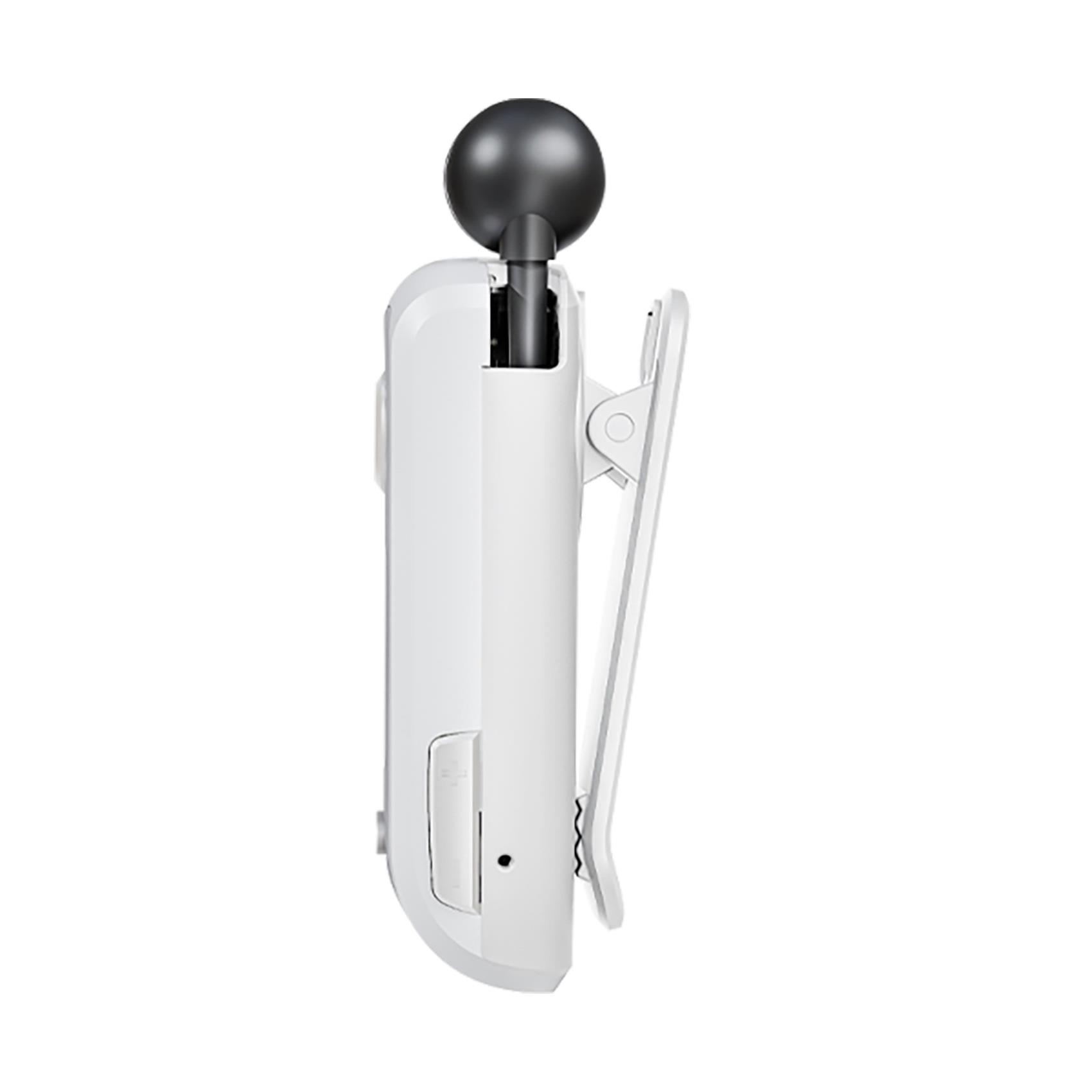 Dispositivo bianco a clip con microfono nero e clip, su sfondo bianco.
