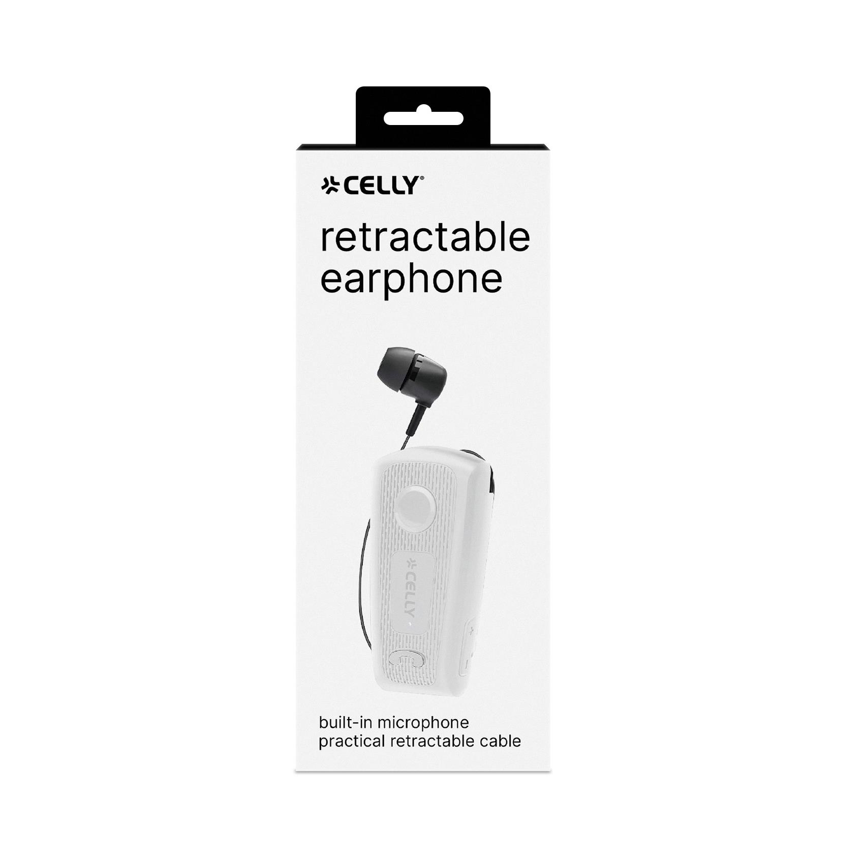 Scatola bianca con auricolare nero e testo. Visibili 'Retractable earphone' e 'built-in microphone'.
