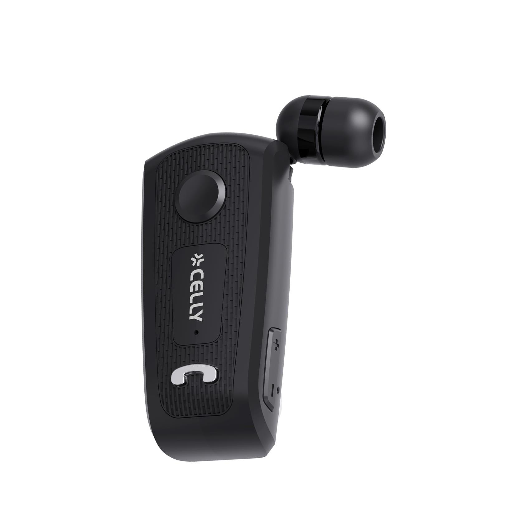 Cuffie Bluetooth Celly nere con un solo auricolare. Sfondo bianco.