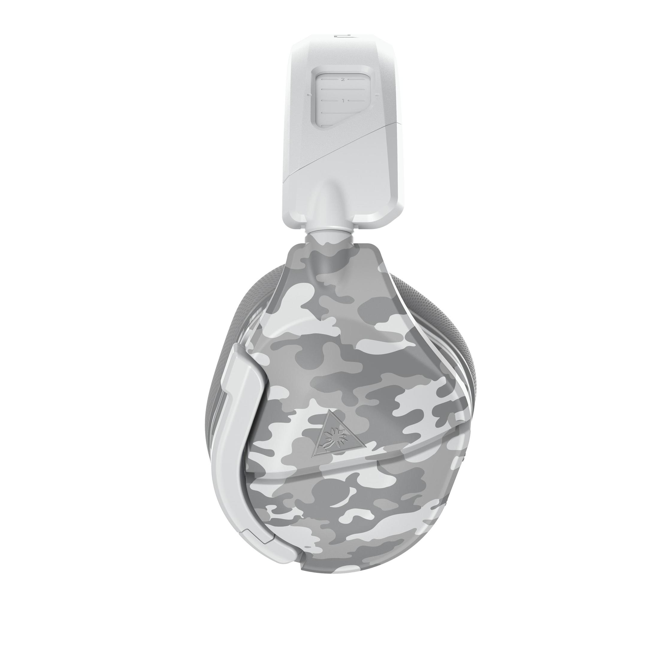 Auriculares de camuflaje blanco. El fondo es blanco.