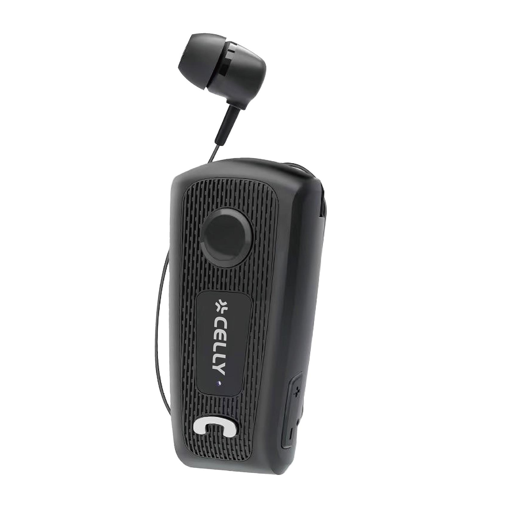 Dispositivo per auricolari Celly nero con microfono integrato e un auricolare nero.