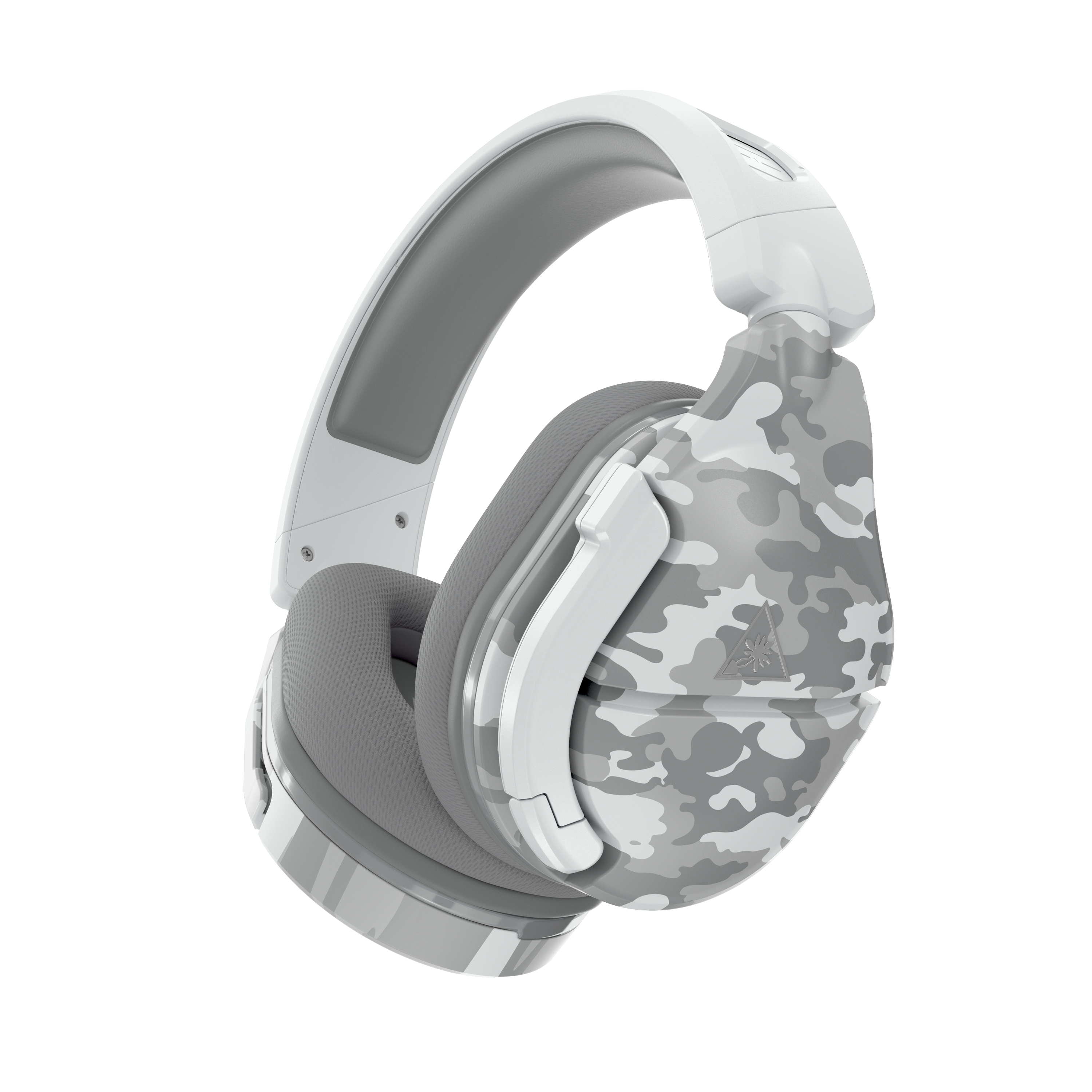 Auriculares de camuflaje blanco y gris. Tiene detalles blancos y está sobre fondo blanco.