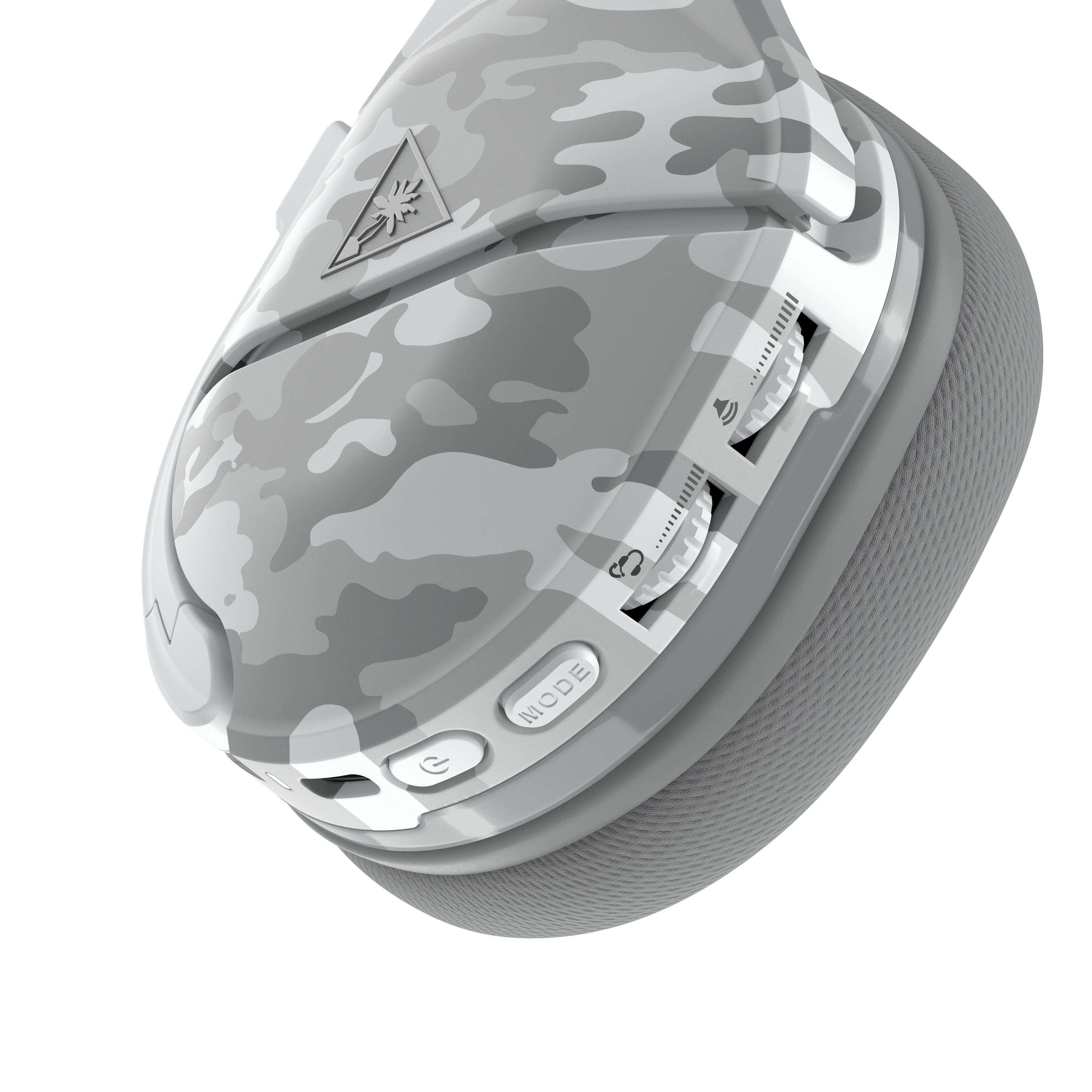 Auriculares de juego blancos con camuflaje. Los auriculares tienen controles de volumen y un botón de modo.