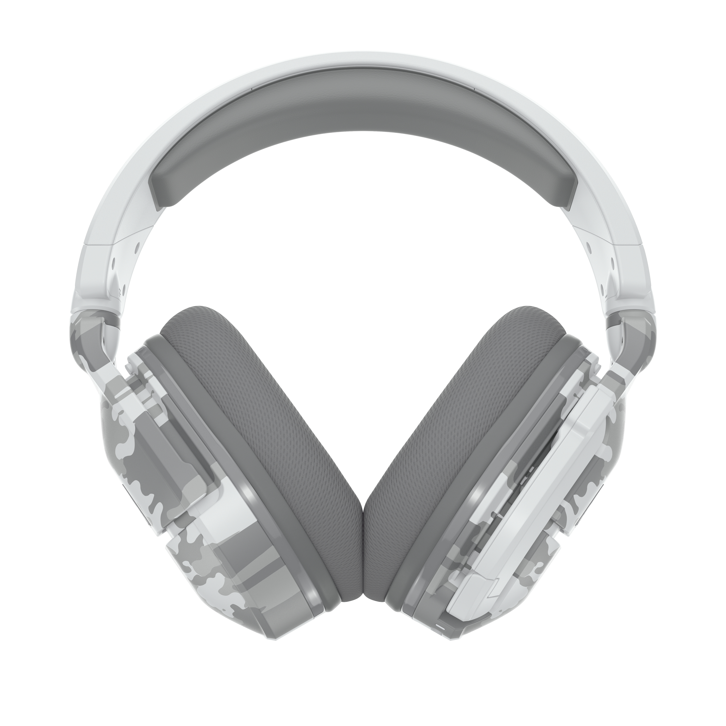 Auriculares camuflaje blanco y gris. Fondo blanco. Vista superior.