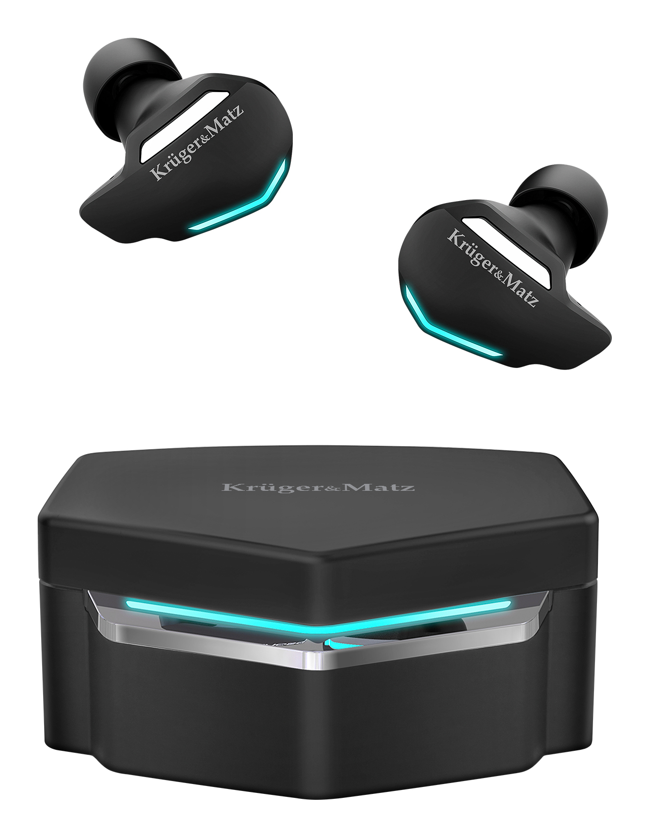 Czarne słuchawki douszne i etui ładujące. Słuchawki mają niebieskie światła.