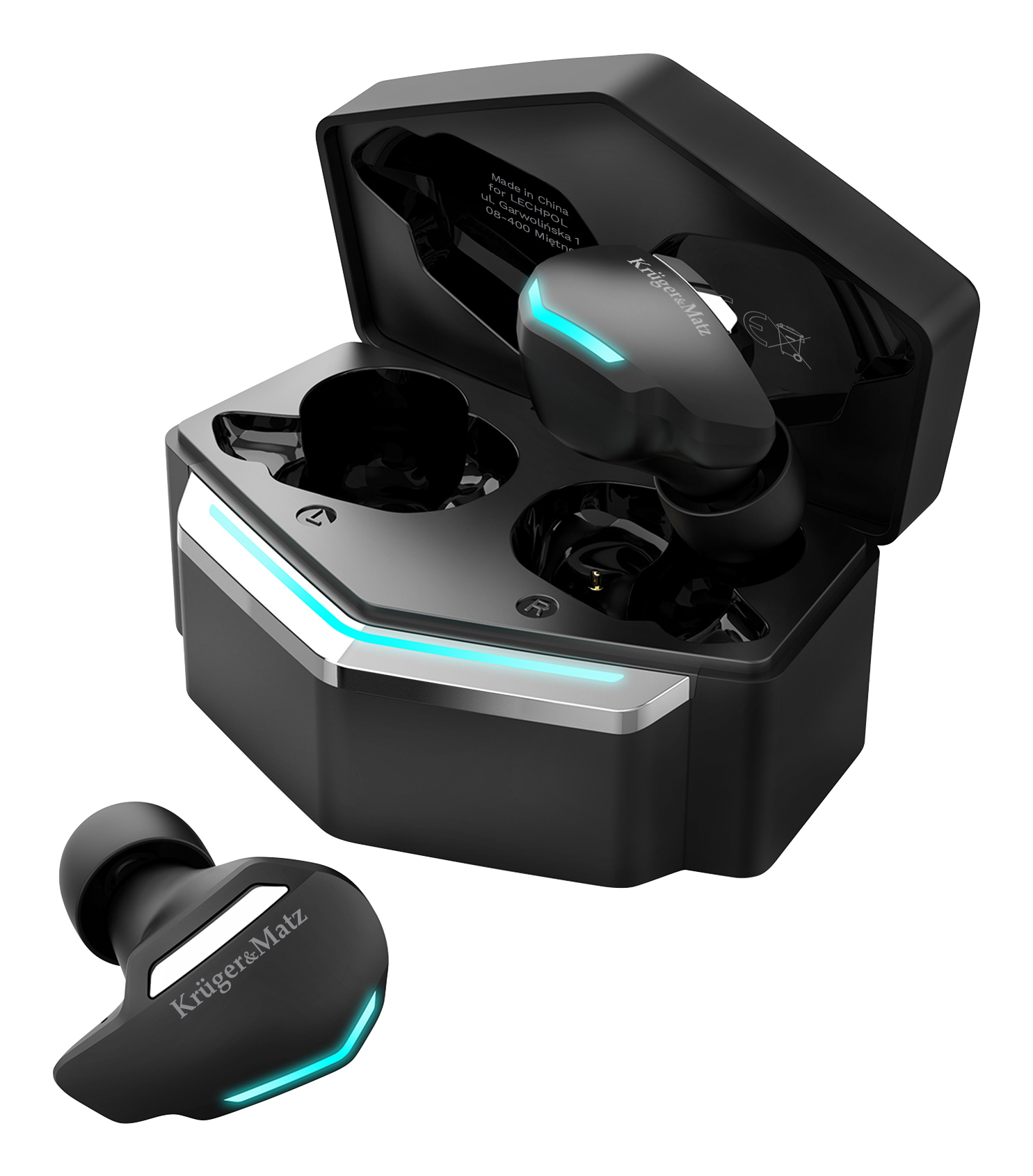 Czarne słuchawki douszne i etui ładujące. Etui i jedna słuchawka są otwarte.