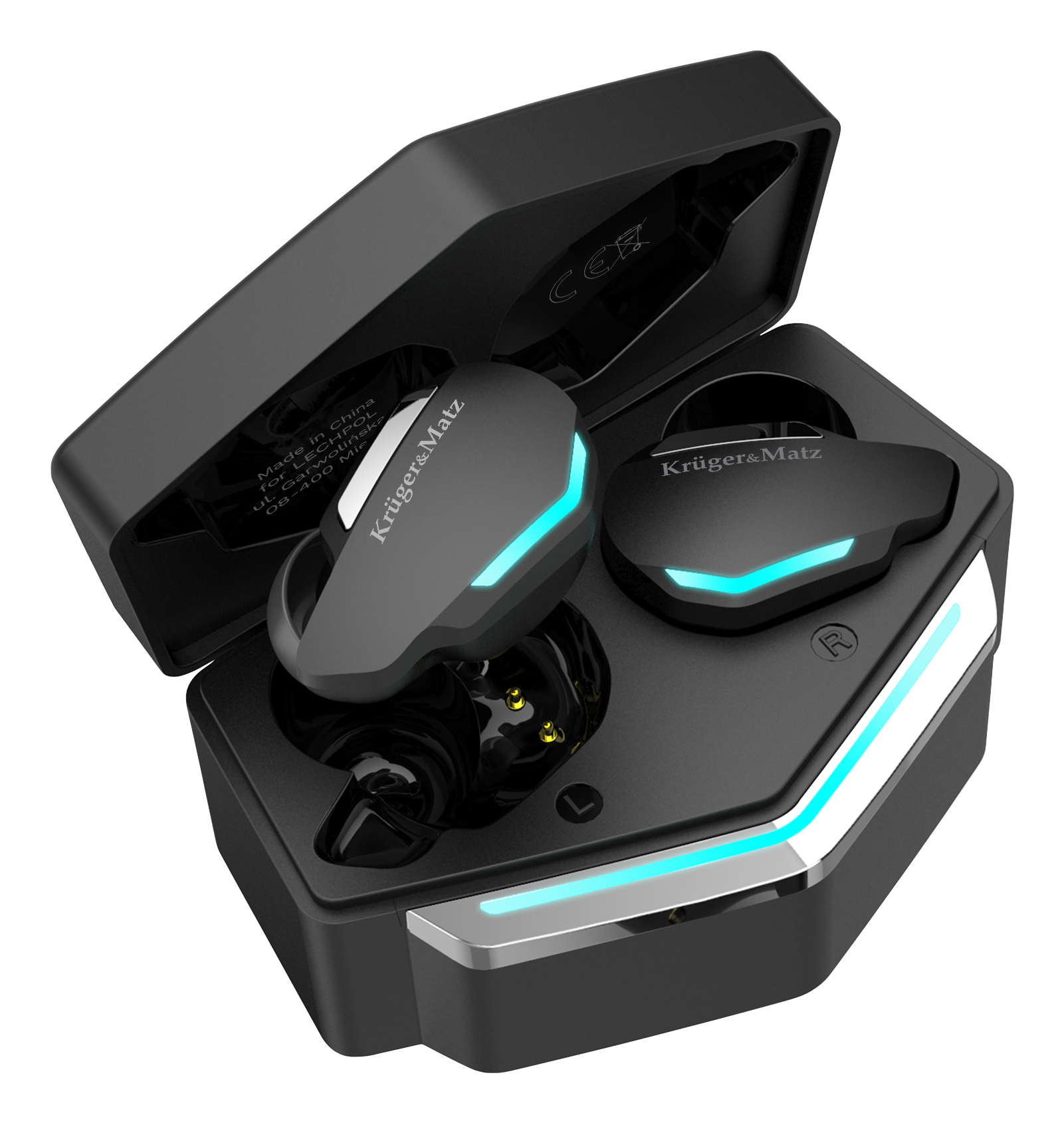 Czarne słuchawki douszne w etui ładującym. Etui i słuchawki mają niebieskie światła.