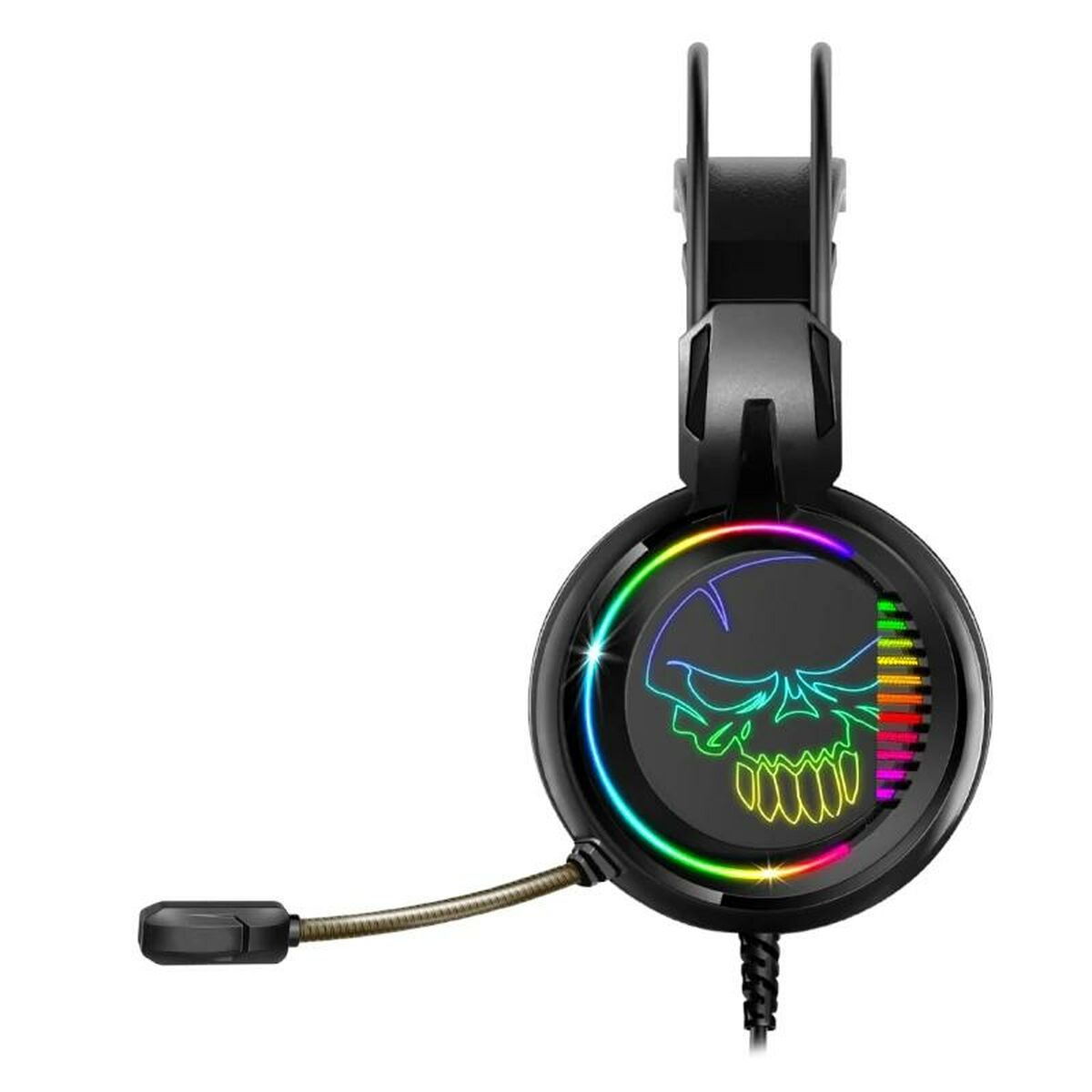 Zwarte headset met schedeldesign en regenbooglichten, met microfoon, op een witte achtergrond.
