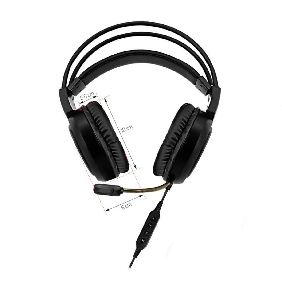 Zwarte gamingheadset met microfoon, afmetingen gemarkeerd. Witte achtergrond.