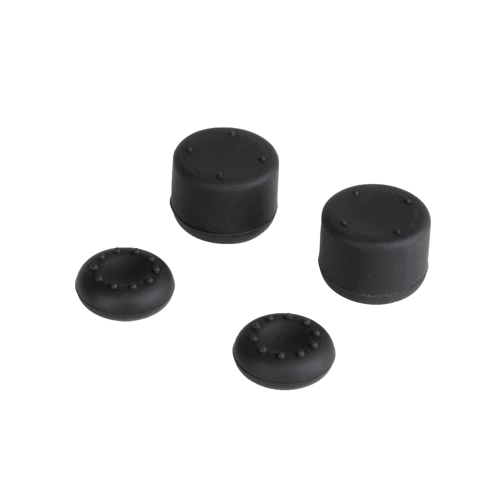 Cztery czarne nakładki na joystick. Dwie wysokie i walcowate, dwie płaskie.
