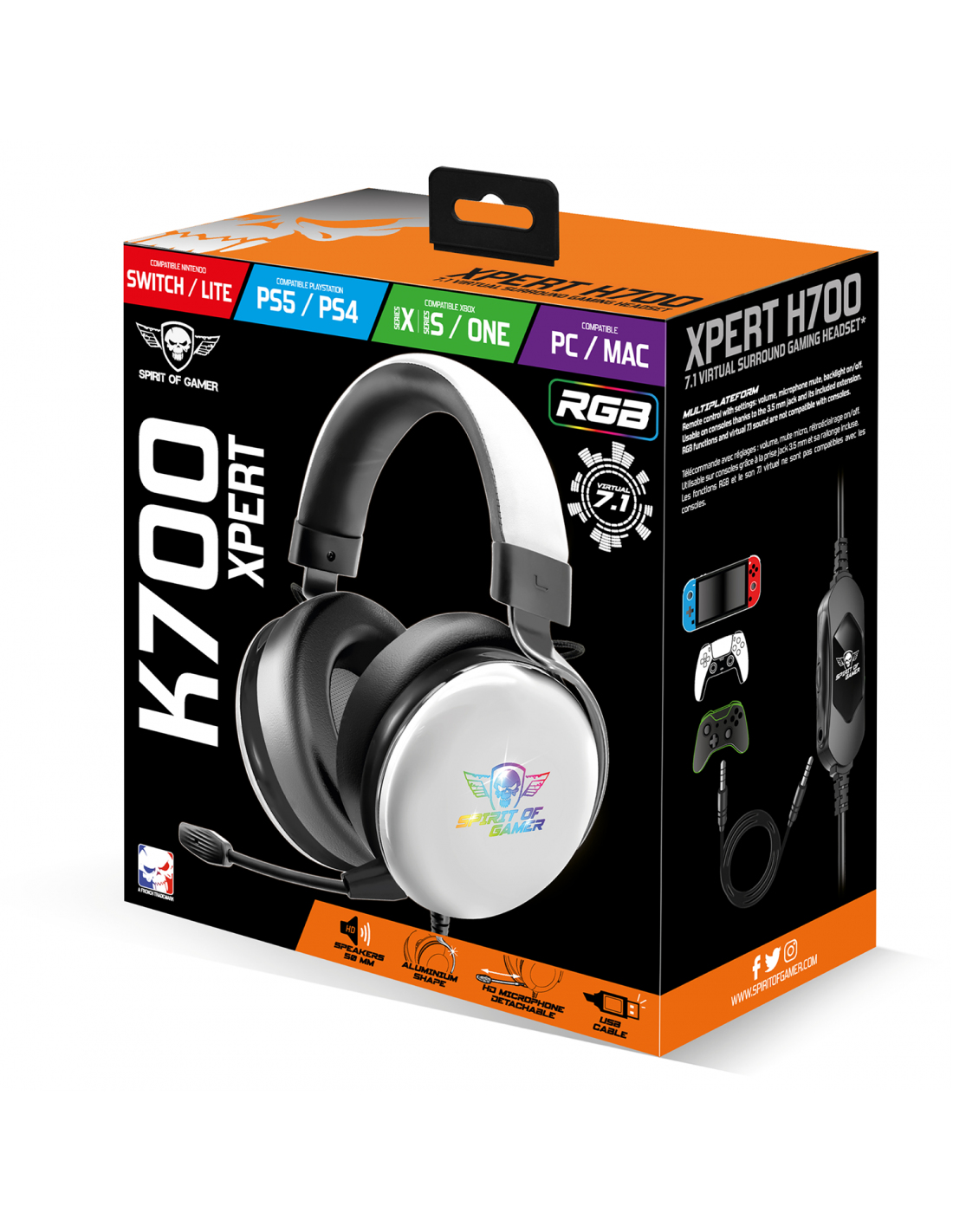 Scatola per cuffie da gioco. Xpert H700 sulla scatola. Compatibile con più piattaforme di gioco.
