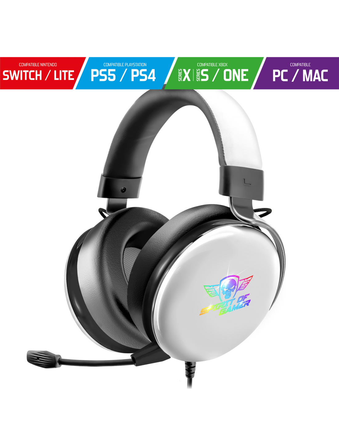 Cuffie da gioco bianche e nere con microfono. Compatibili con più piattaforme di gioco.