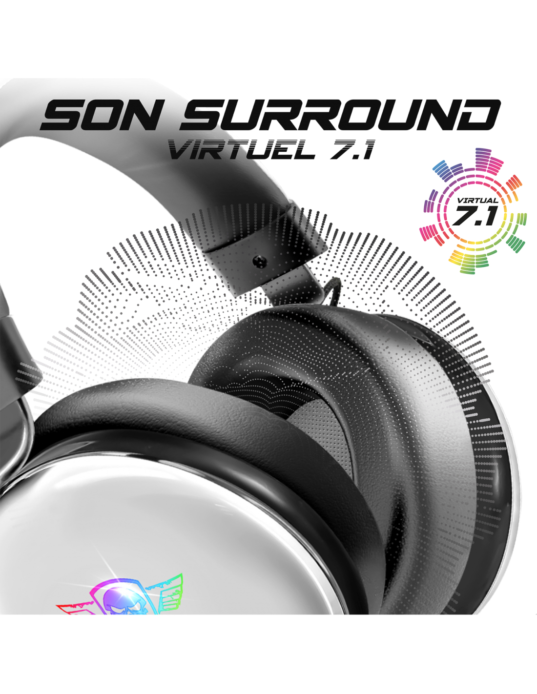 Cuffie in bianco e nero con testo 'SON SURROUND VIRTUEL 7.1', su sfondo bianco.