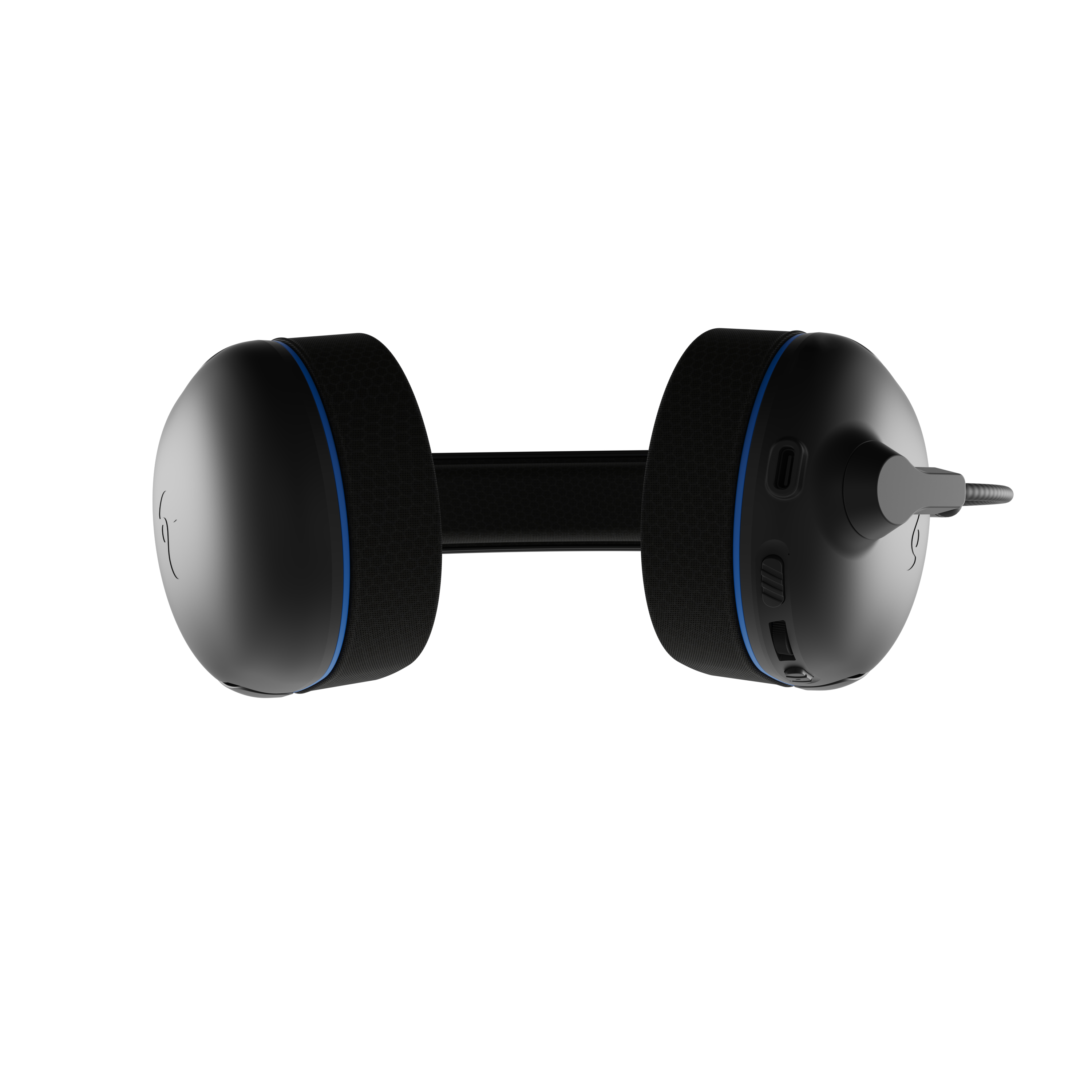 Czarne słuchawki z niebieskimi akcentami. Symetryczny design z łączącym pałąkiem.